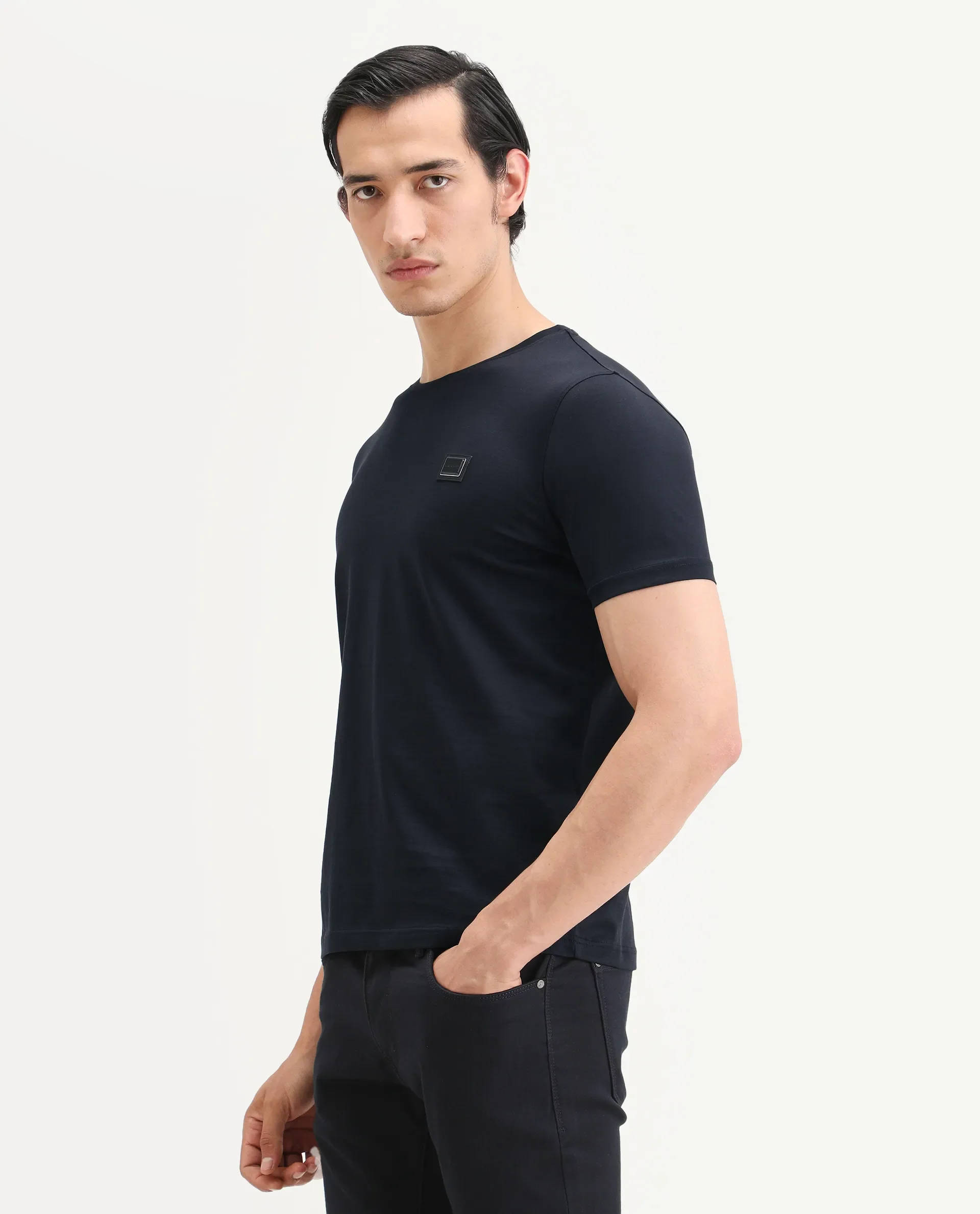 Rare Rabbit Men's Badgen Navy Cotton Plain Regular Fit Half Sleeve Crew Neck T-Shirt - Image 5