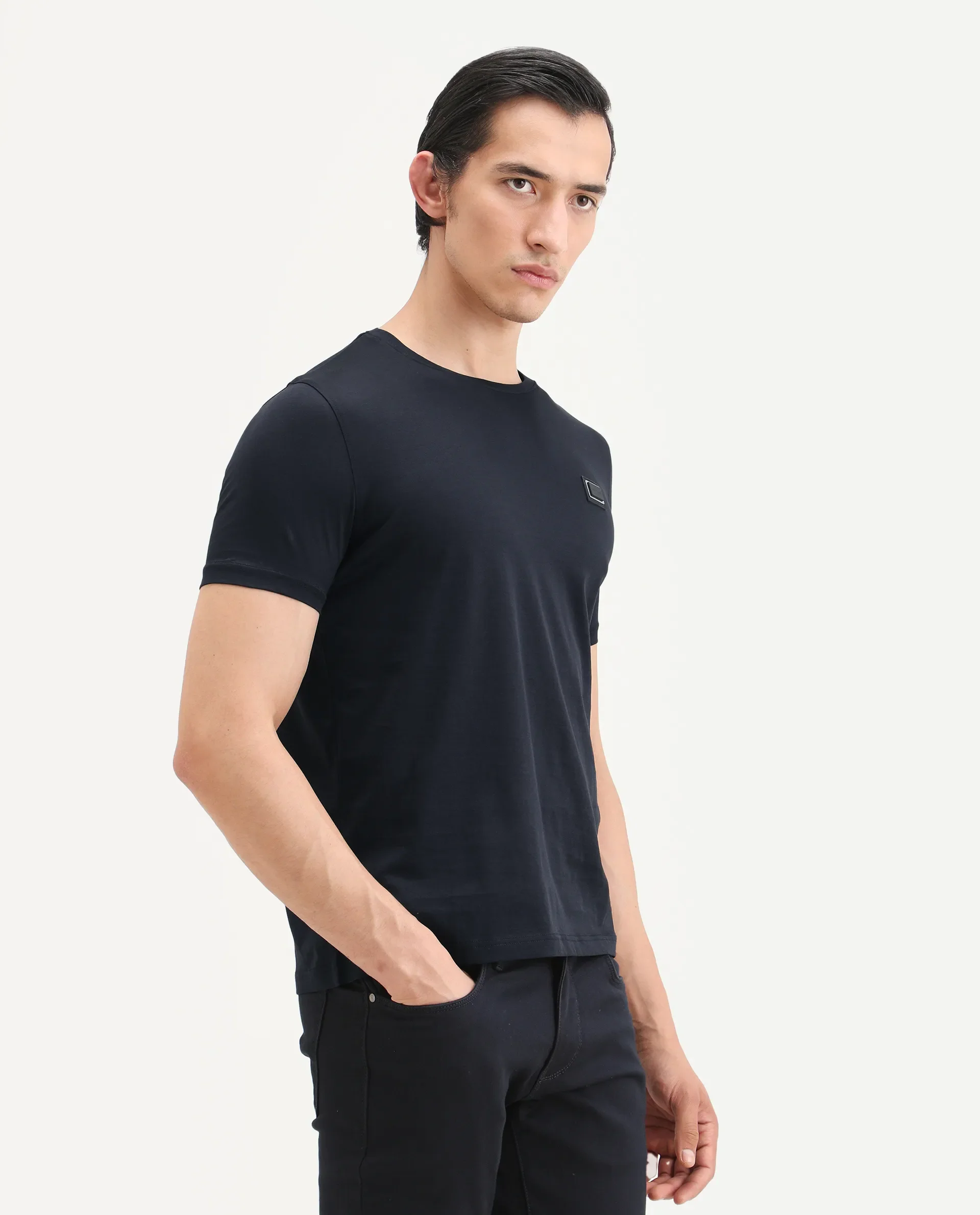 Rare Rabbit Men's Badgen Navy Cotton Plain Regular Fit Half Sleeve Crew Neck T-Shirt - Image 6