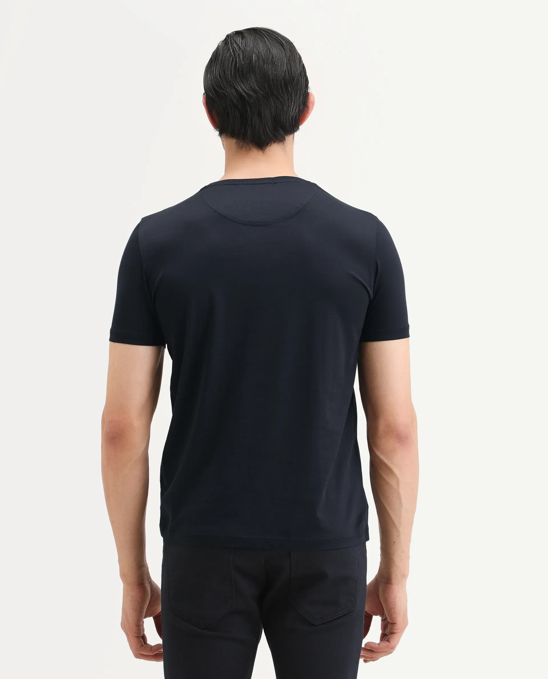 Rare Rabbit Men's Badgen Navy Cotton Plain Regular Fit Half Sleeve Crew Neck T-Shirt - Image 7