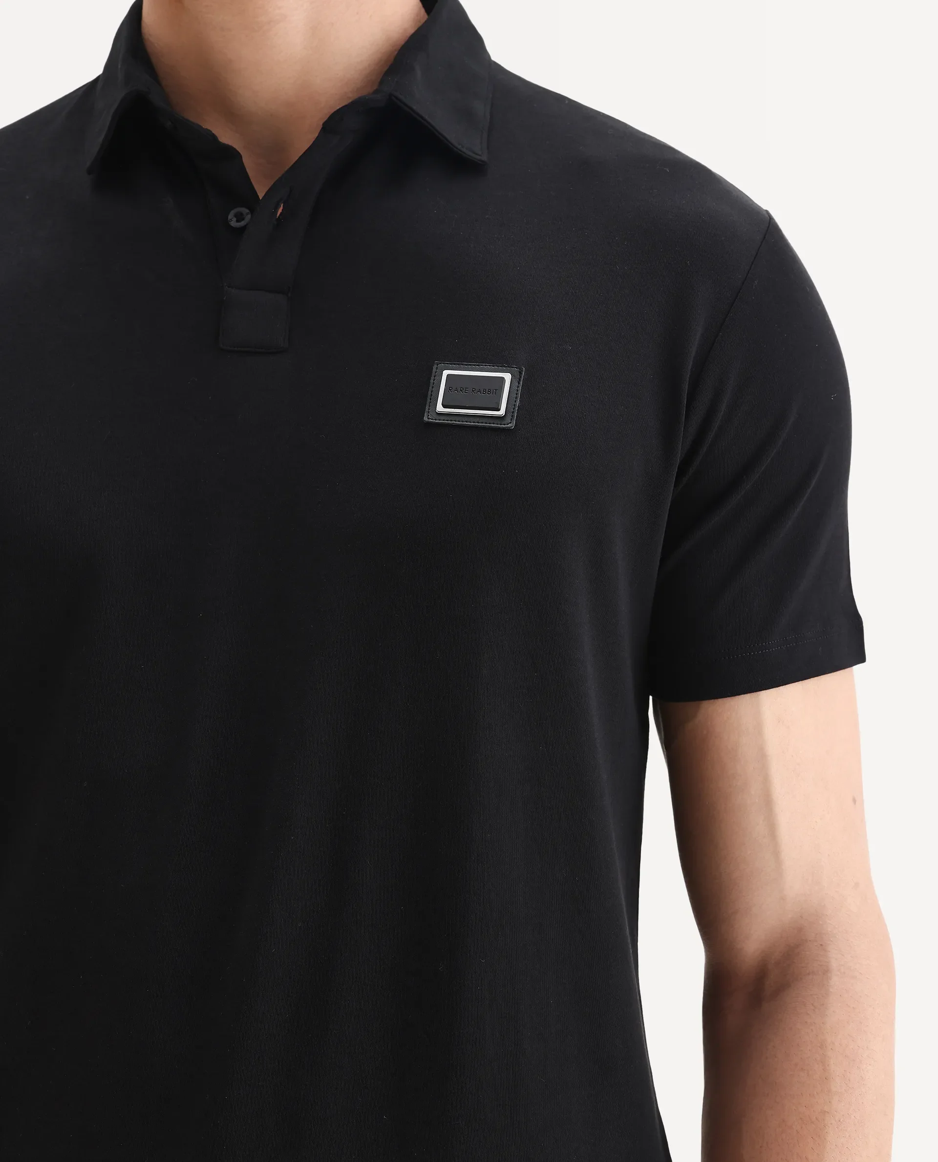 Rare Rabbit Men's Badger-1 Black Cotton Plain Regular Fit Half Sleeve Polo - Image 3