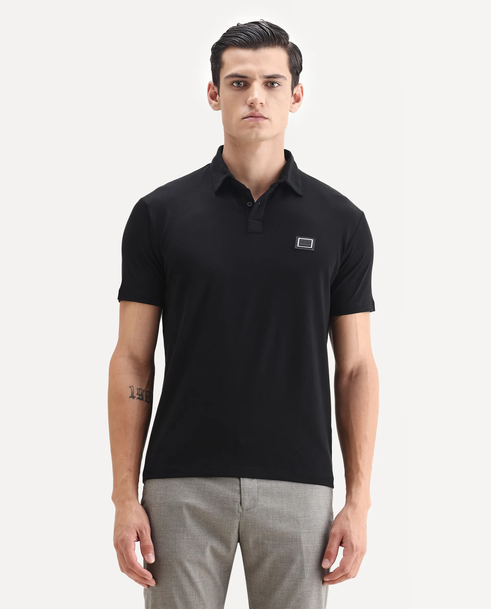 Rare Rabbit Men's Badger-1 Black Cotton Plain Regular Fit Half Sleeve Polo - Image 4