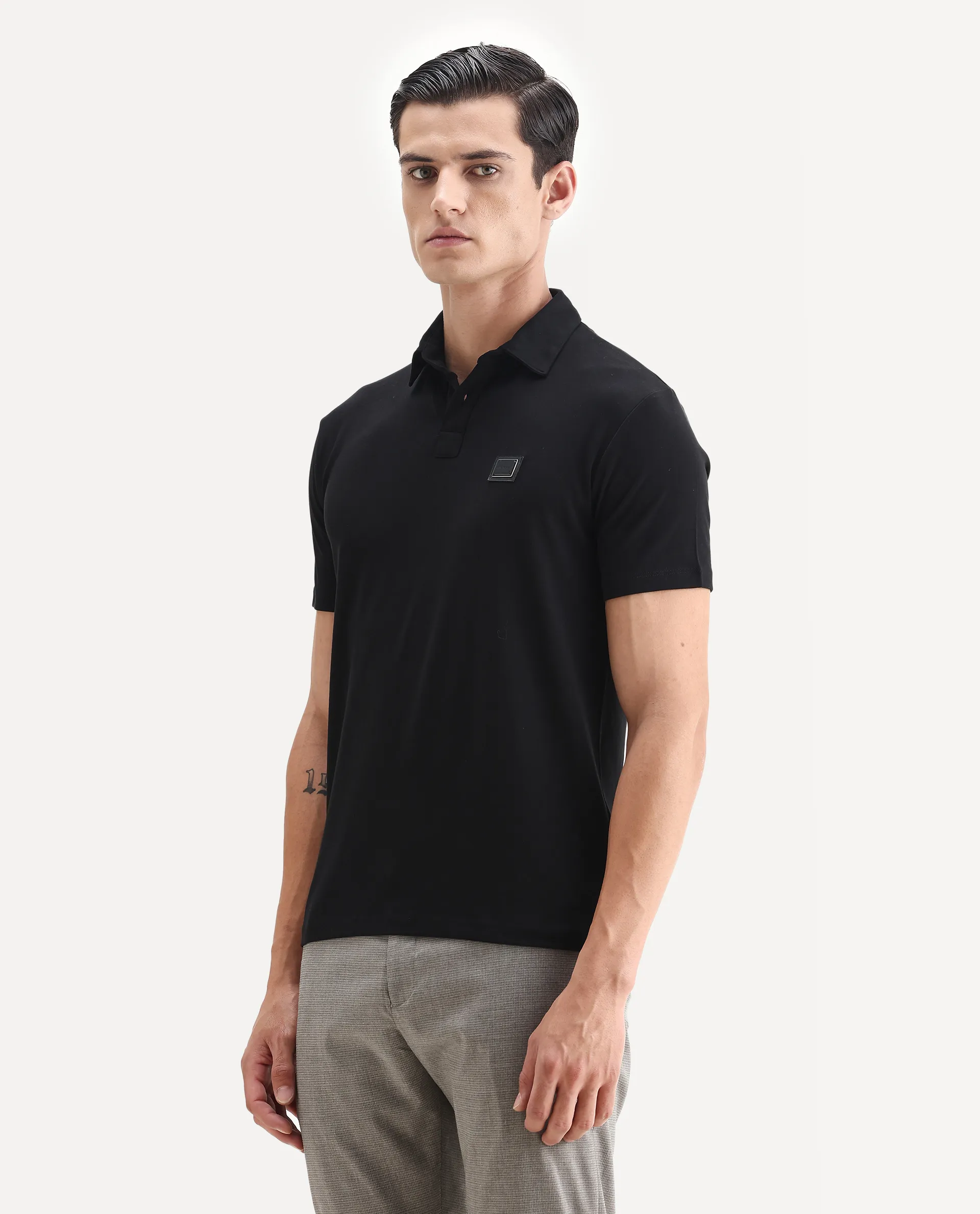 Rare Rabbit Men's Badger-1 Black Cotton Plain Regular Fit Half Sleeve Polo - Image 6