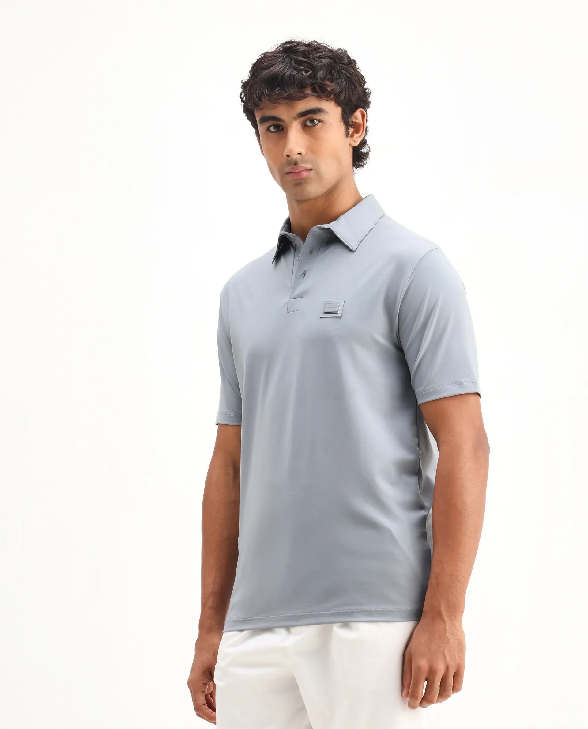 Rare Rabbit Men's Badger-2 Dusky Blue Cotton Plain Regular Fit Half Sleeve Polo - Image 4