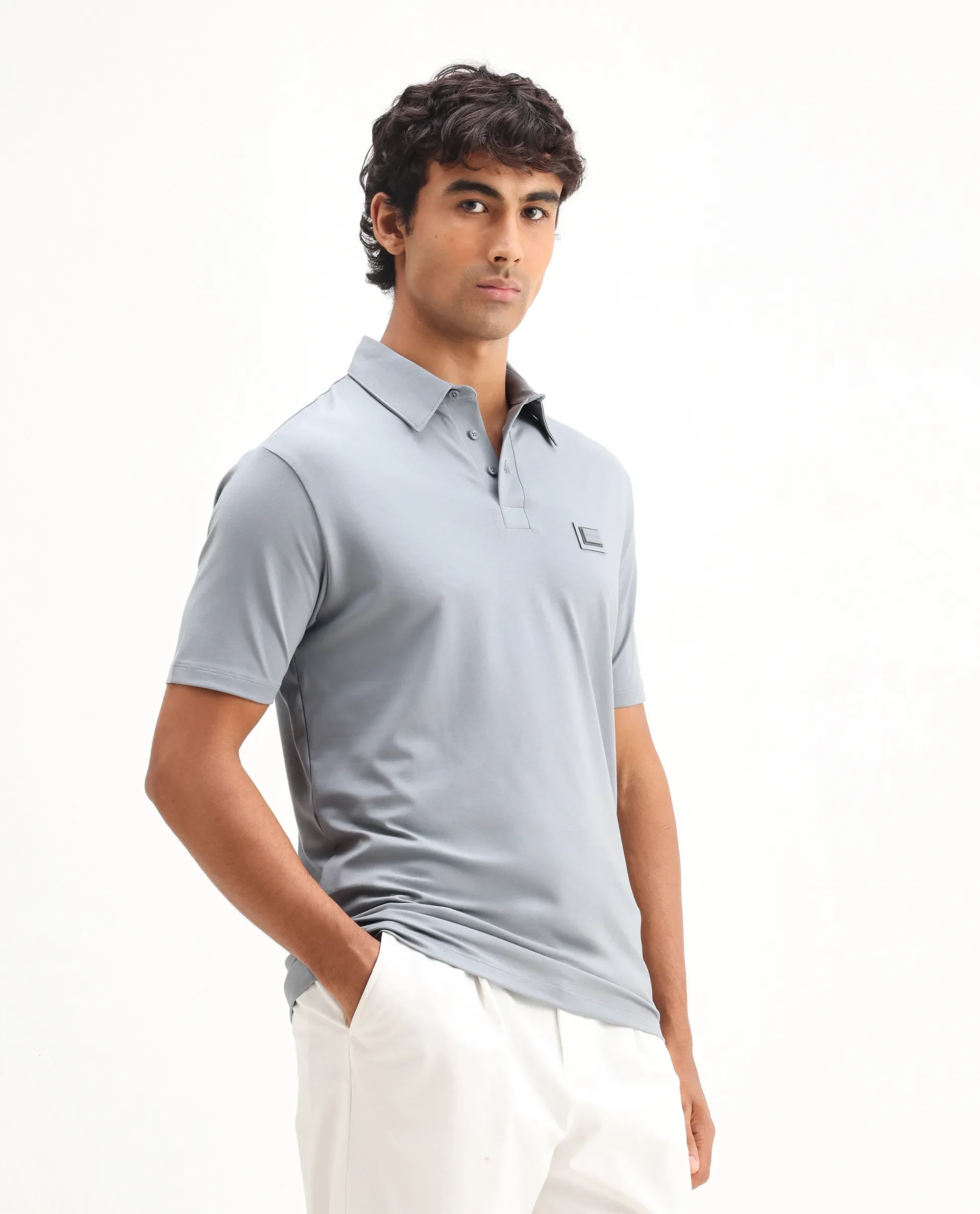 Rare Rabbit Men's Badger-2 Dusky Blue Cotton Plain Regular Fit Half Sleeve Polo - Image 5