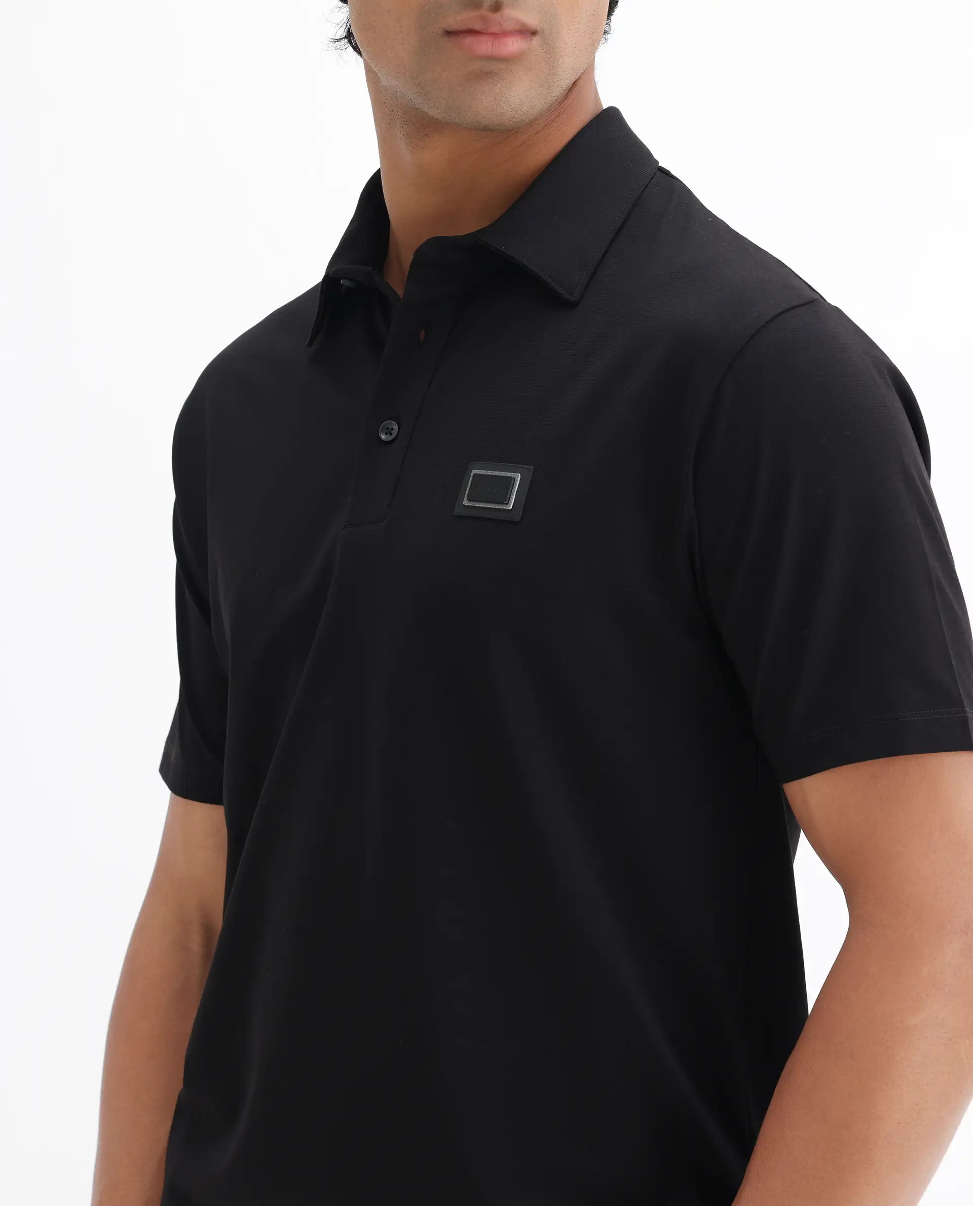 Rare Rabbit Men's Badger-25 Black Cotton Blend Plain Regular Fit Half Sleeve Polo - Image 3