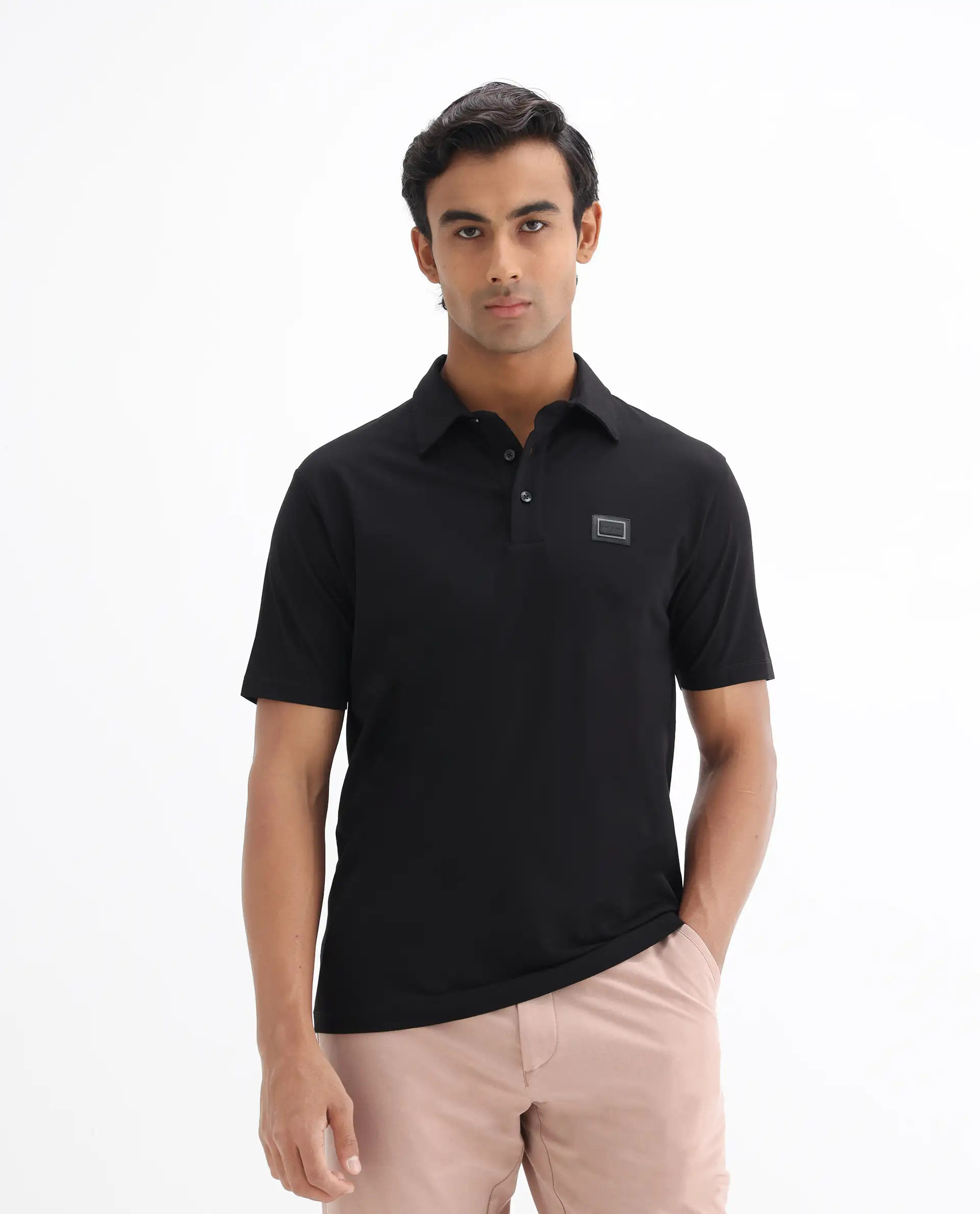 Rare Rabbit Men's Badger-25 Black Cotton Blend Plain Regular Fit Half Sleeve Polo - Image 4