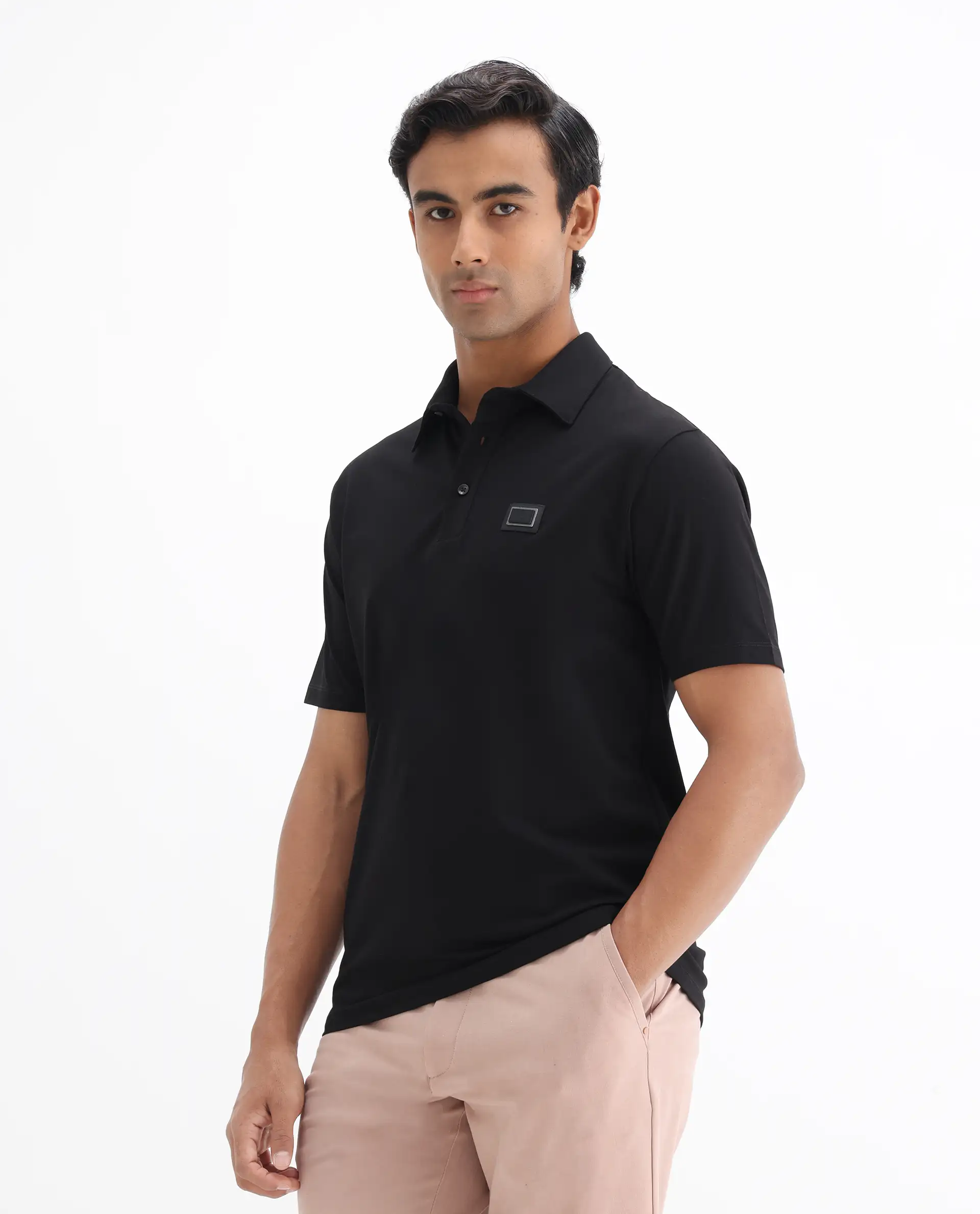 Rare Rabbit Men's Badger-25 Black Cotton Blend Plain Regular Fit Half Sleeve Polo - Image 5