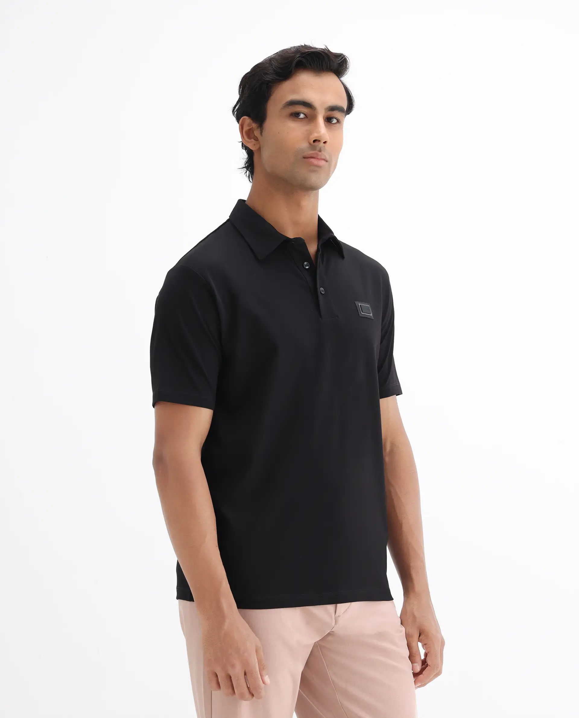Rare Rabbit Men's Badger-25 Black Cotton Blend Plain Regular Fit Half Sleeve Polo - Image 6