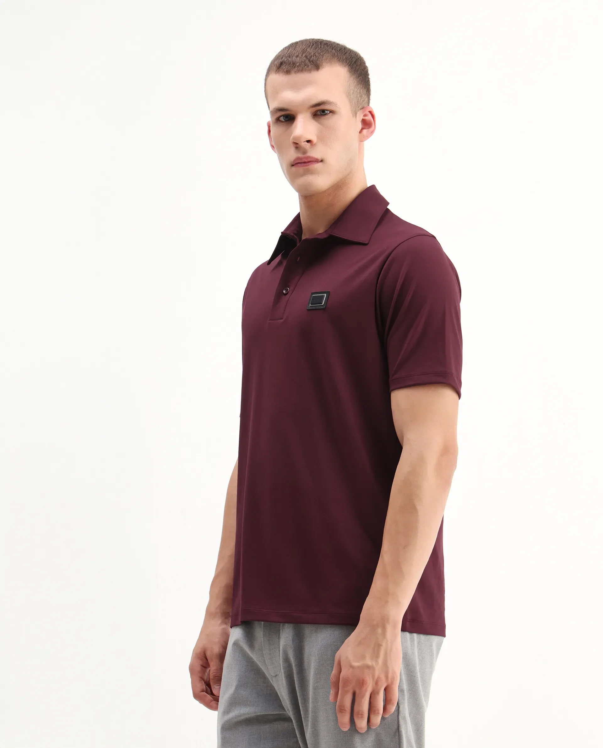 Rare Rabbit Men's Badger-25 Dark Brown Cotton Blend Plain Regular Fit Half Sleeve Polo - Image 4
