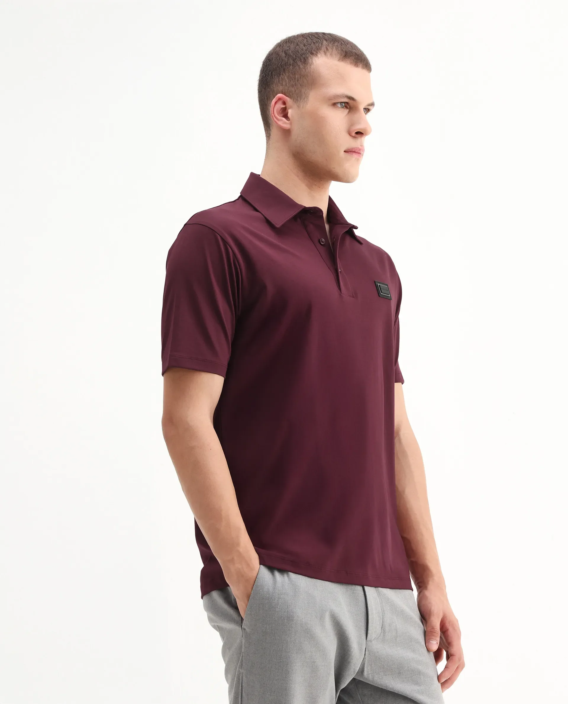 Rare Rabbit Men's Badger-25 Dark Brown Cotton Blend Plain Regular Fit Half Sleeve Polo - Image 5