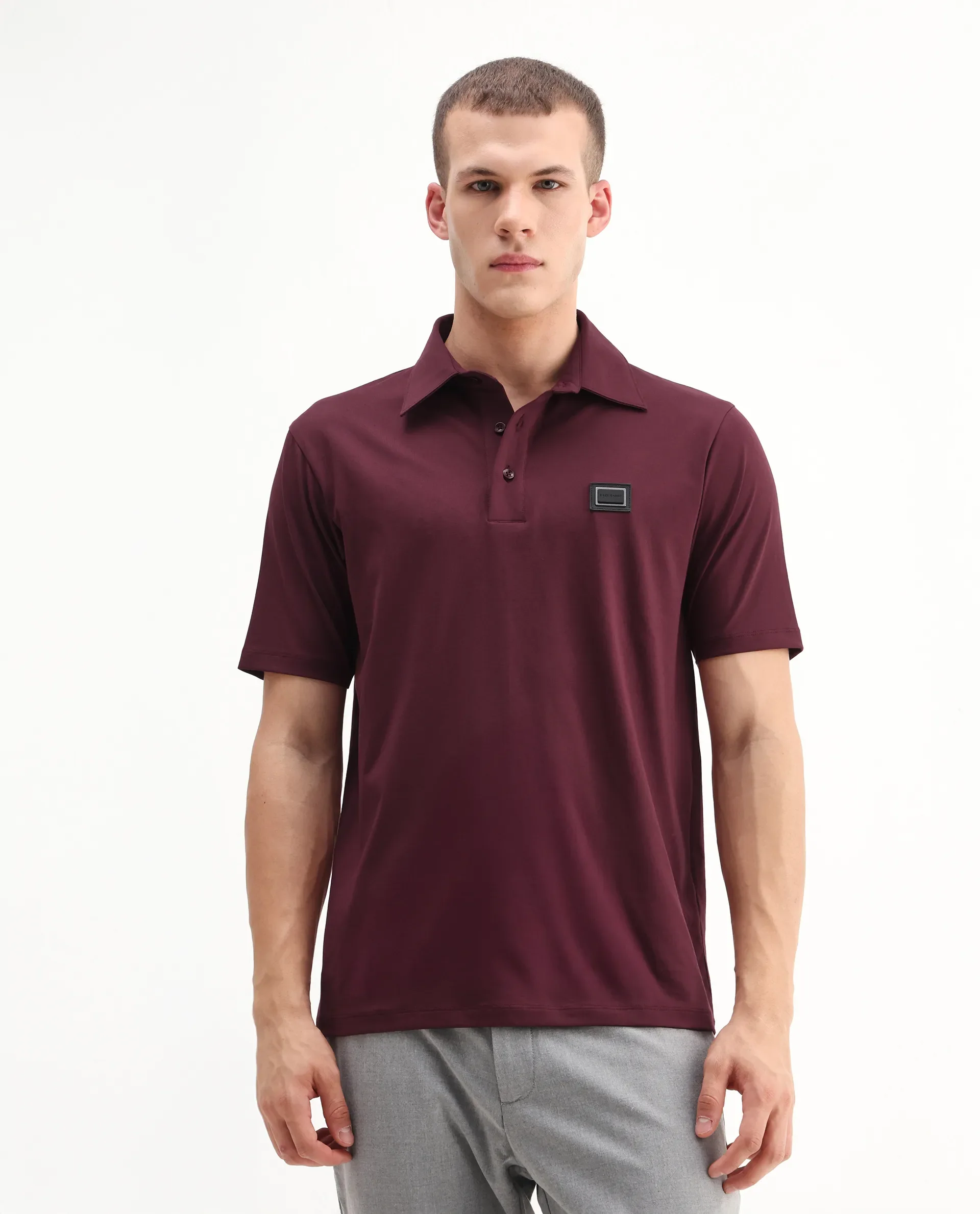 Rare Rabbit Men's Badger-25 Dark Brown Cotton Blend Plain Regular Fit Half Sleeve Polo - Image 6