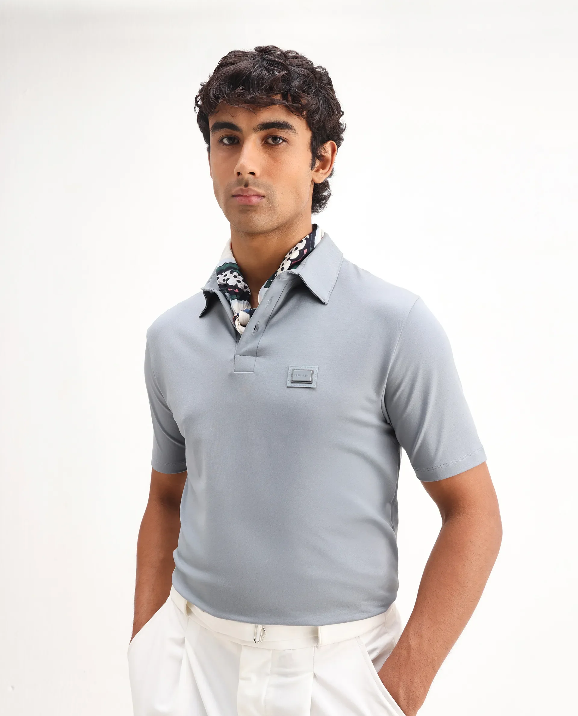 Rare Rabbit Men's Badger-25 Dusky Blue Cotton Blend Plain Regular Fit Half Sleeve Polo
