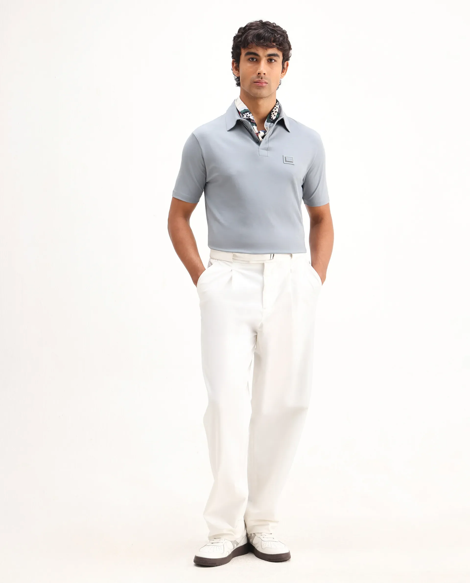 Rare Rabbit Men's Badger-25 Dusky Blue Cotton Blend Plain Regular Fit Half Sleeve Polo - Image 2