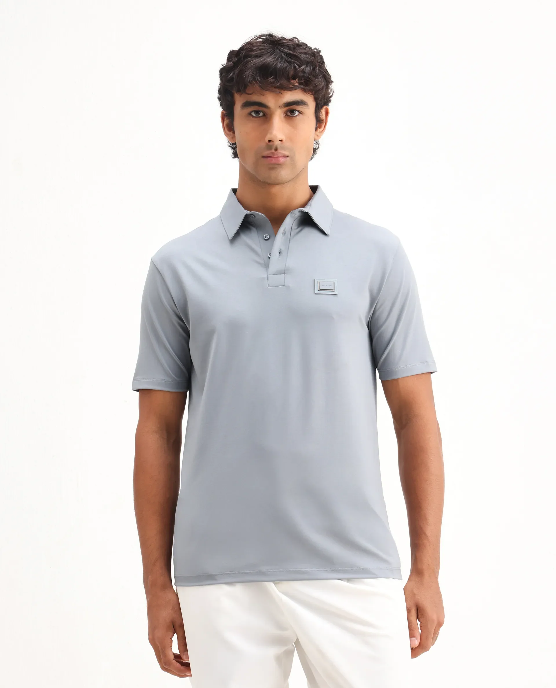 Rare Rabbit Men's Badger-25 Dusky Blue Cotton Blend Plain Regular Fit Half Sleeve Polo - Image 4