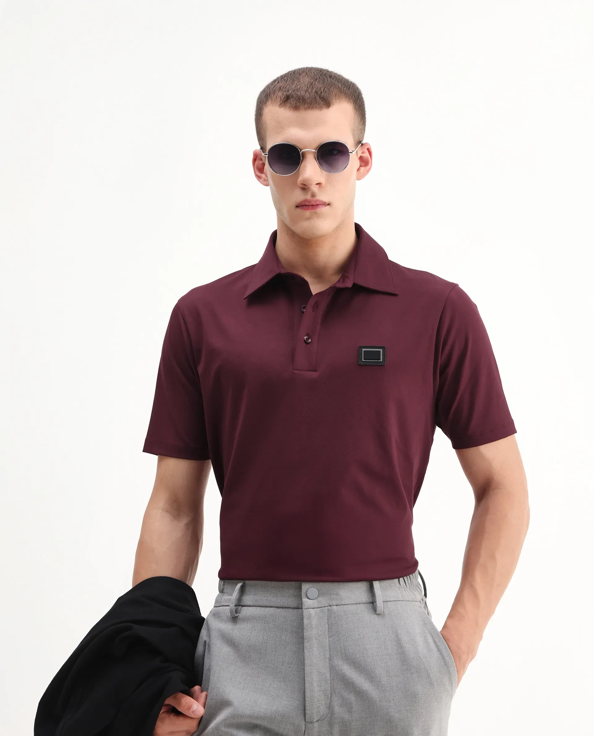 Rare Rabbit Men's Badger-A25 Dark Maroon Cotton Blend Plain Regular Fit Half Sleeve Plain Polo