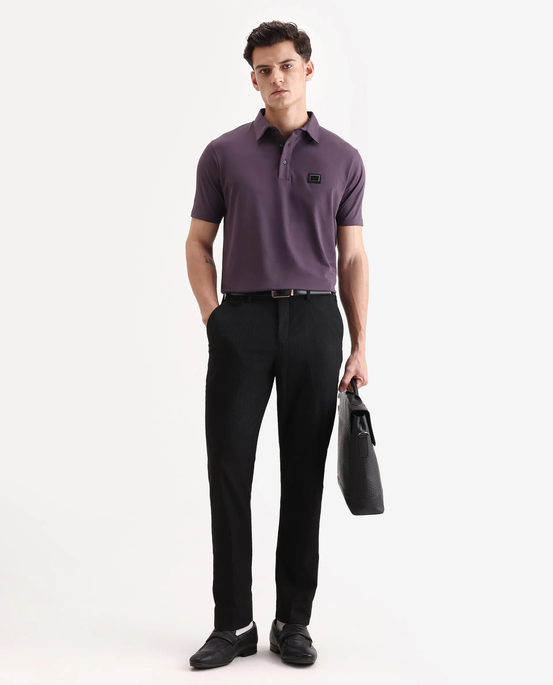 Rare Rabbit Men's Badger-A25 Dark Purple Cotton Blend Plain Regular Fit Half Sleeve Plain Polo - Image 2