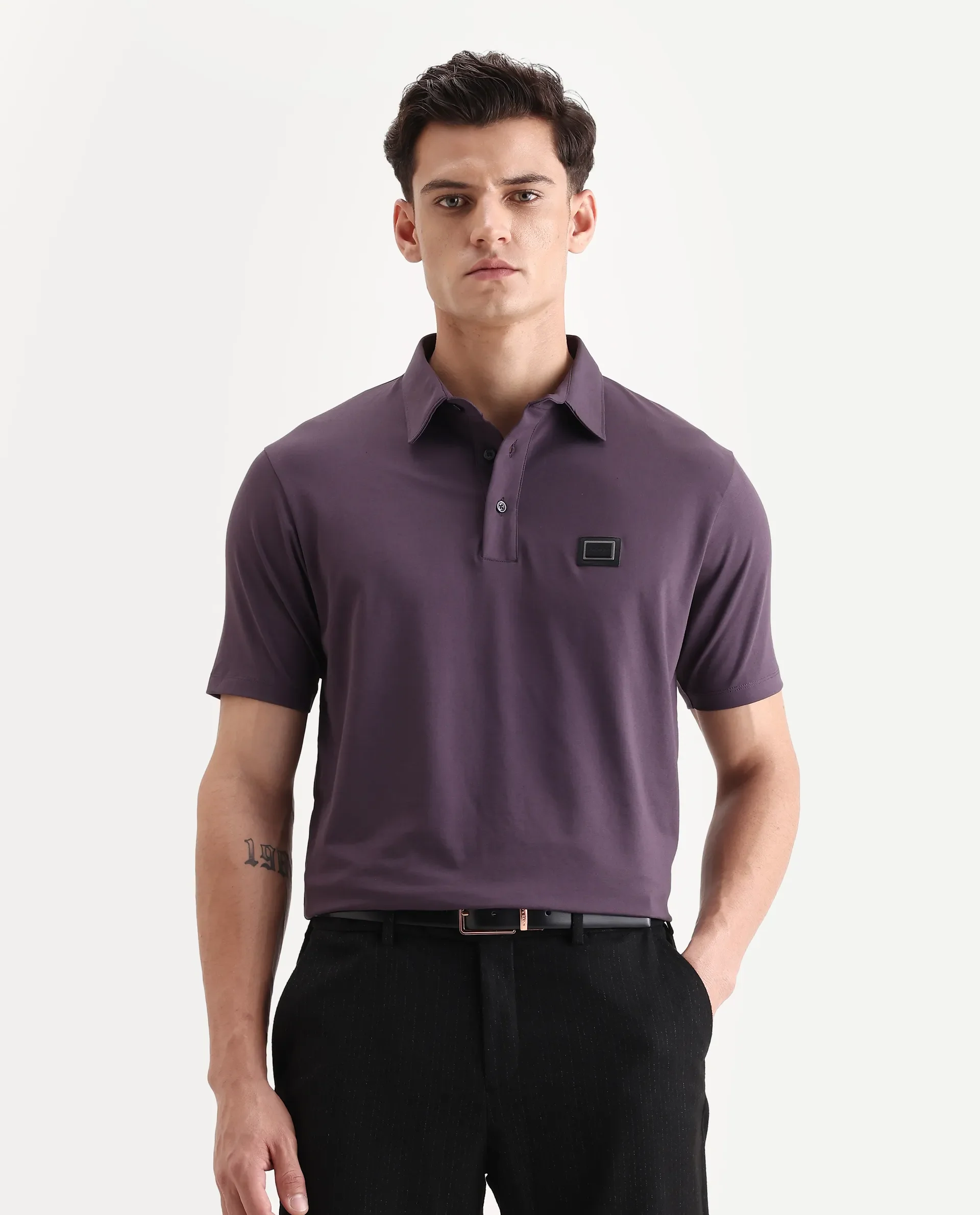 Rare Rabbit Men's Badger-A25 Dark Purple Cotton Blend Plain Regular Fit Half Sleeve Plain Polo - Image 4