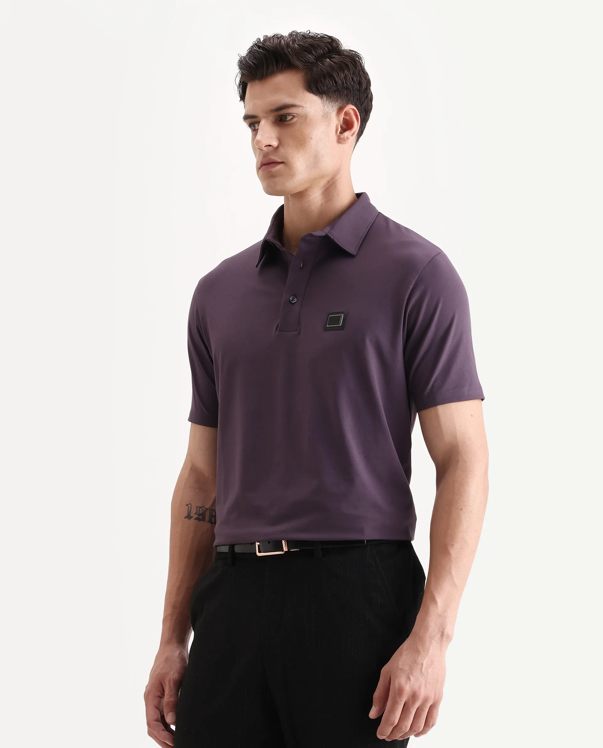 Rare Rabbit Men's Badger-A25 Dark Purple Cotton Blend Plain Regular Fit Half Sleeve Plain Polo - Image 5