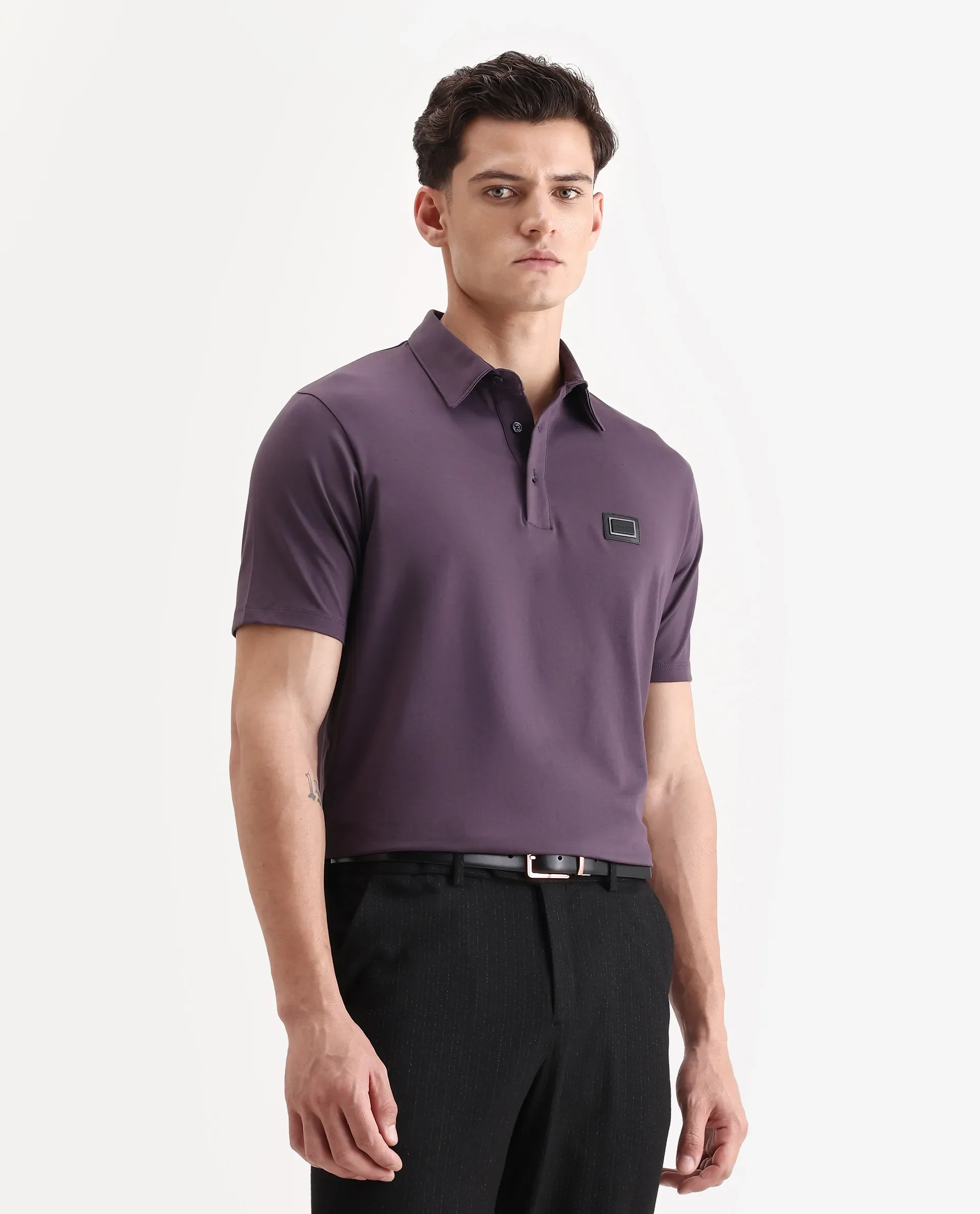 Rare Rabbit Men's Badger-A25 Dark Purple Cotton Blend Plain Regular Fit Half Sleeve Plain Polo - Image 6