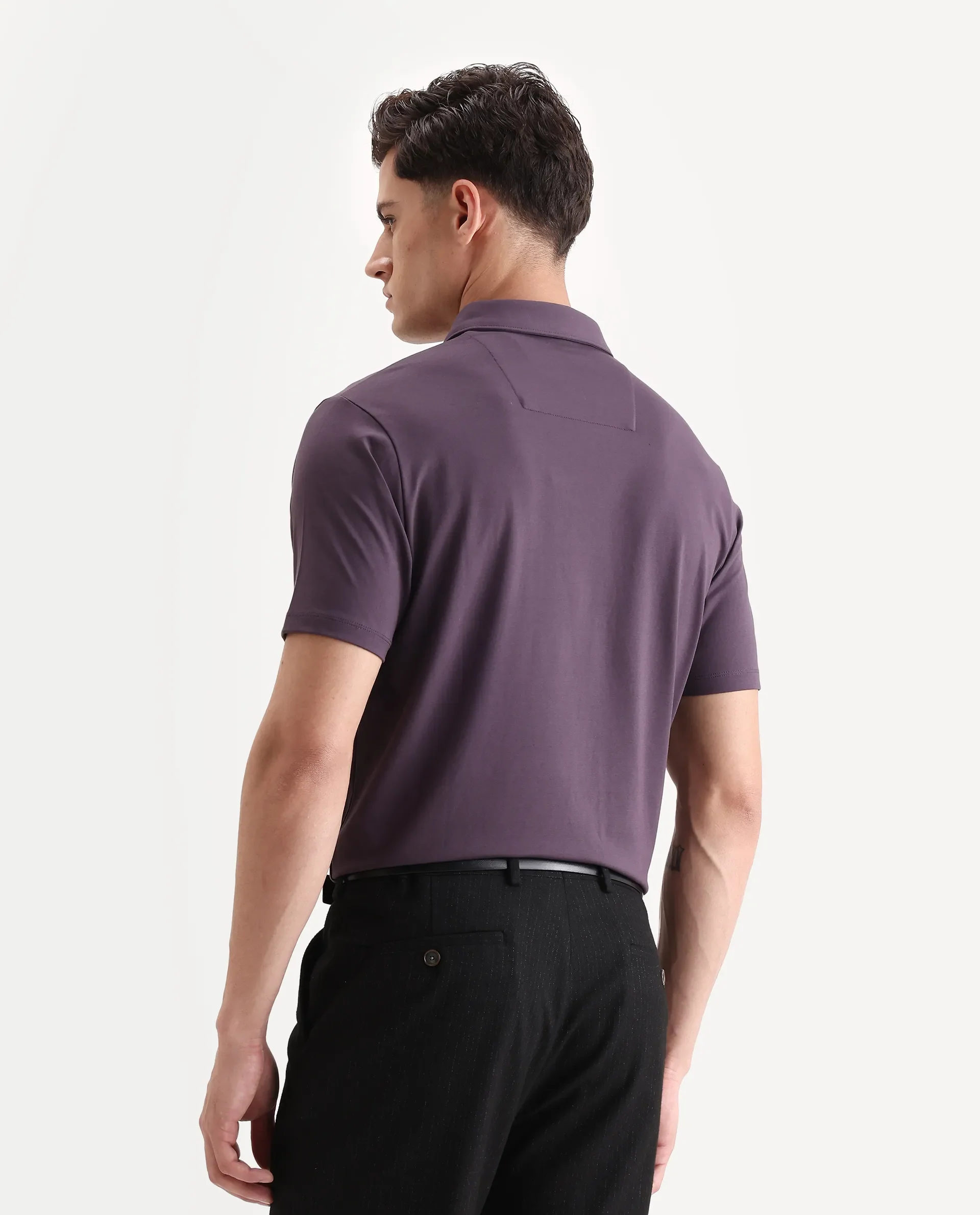 Rare Rabbit Men's Badger-A25 Dark Purple Cotton Blend Plain Regular Fit Half Sleeve Plain Polo - Image 7