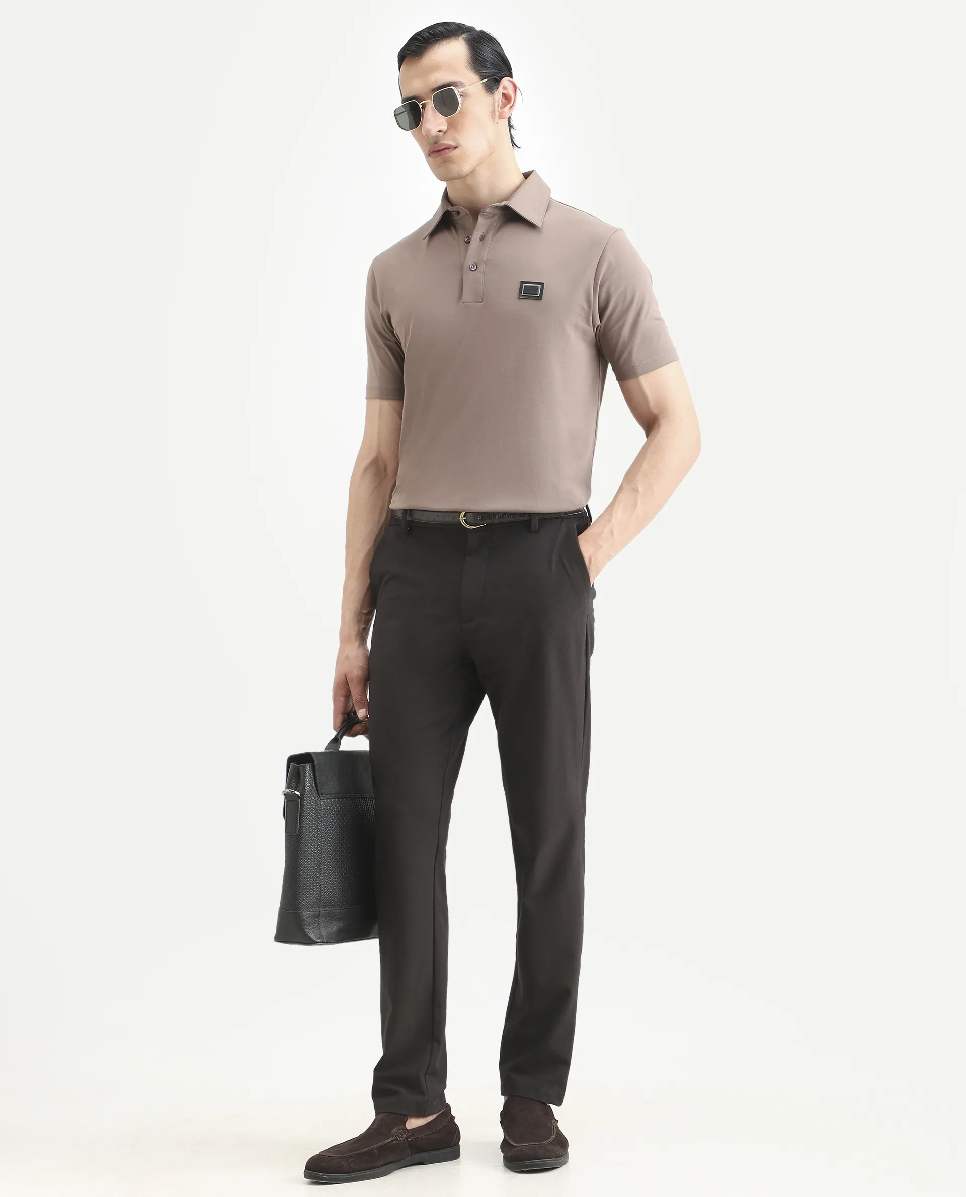 Rare Rabbit Men's Badger-A25 Dusky Brown Cotton Blend Plain Regular Fit Half Sleeve Plain Polo - Image 2