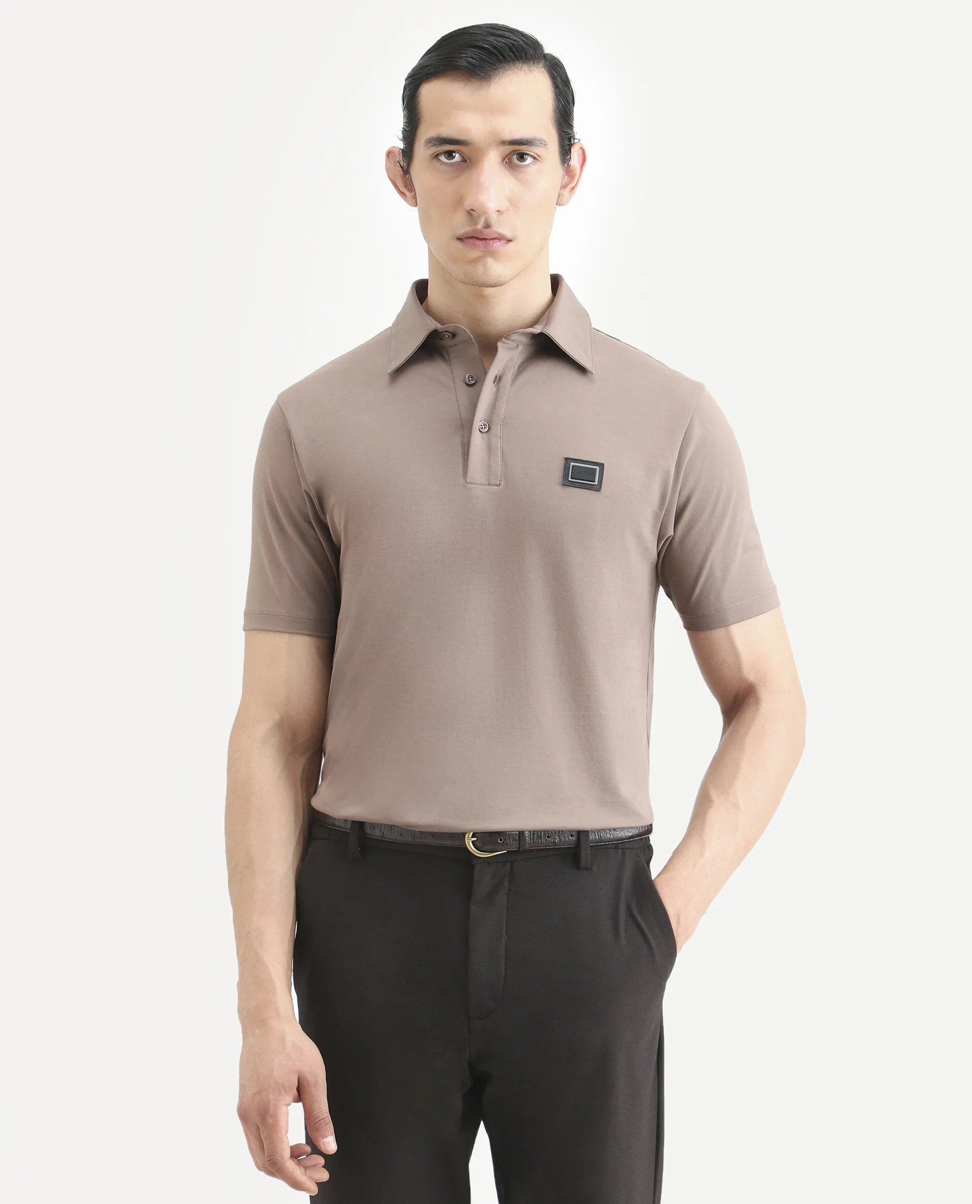 Rare Rabbit Men's Badger-A25 Dusky Brown Cotton Blend Plain Regular Fit Half Sleeve Plain Polo - Image 3