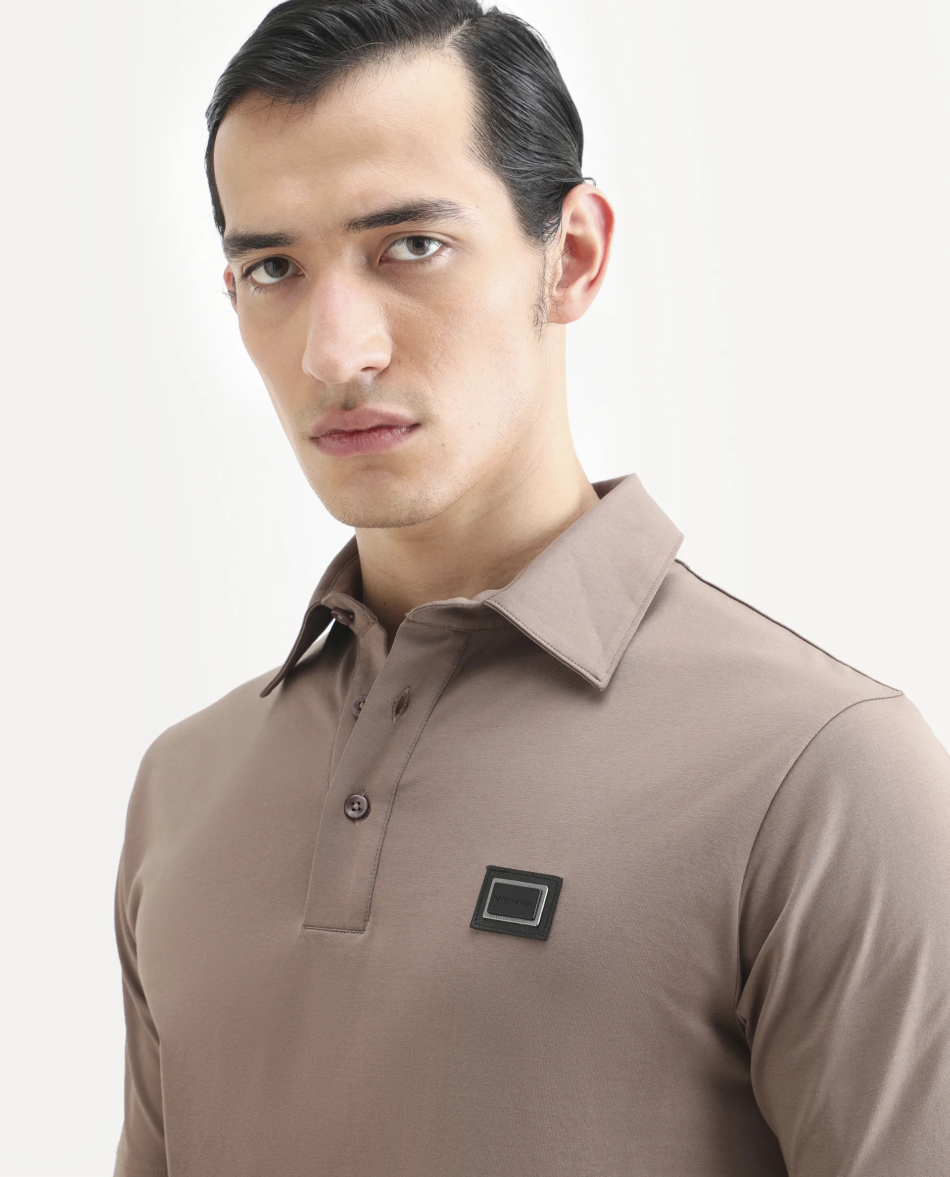 Rare Rabbit Men's Badger-A25 Dusky Brown Cotton Blend Plain Regular Fit Half Sleeve Plain Polo - Image 4