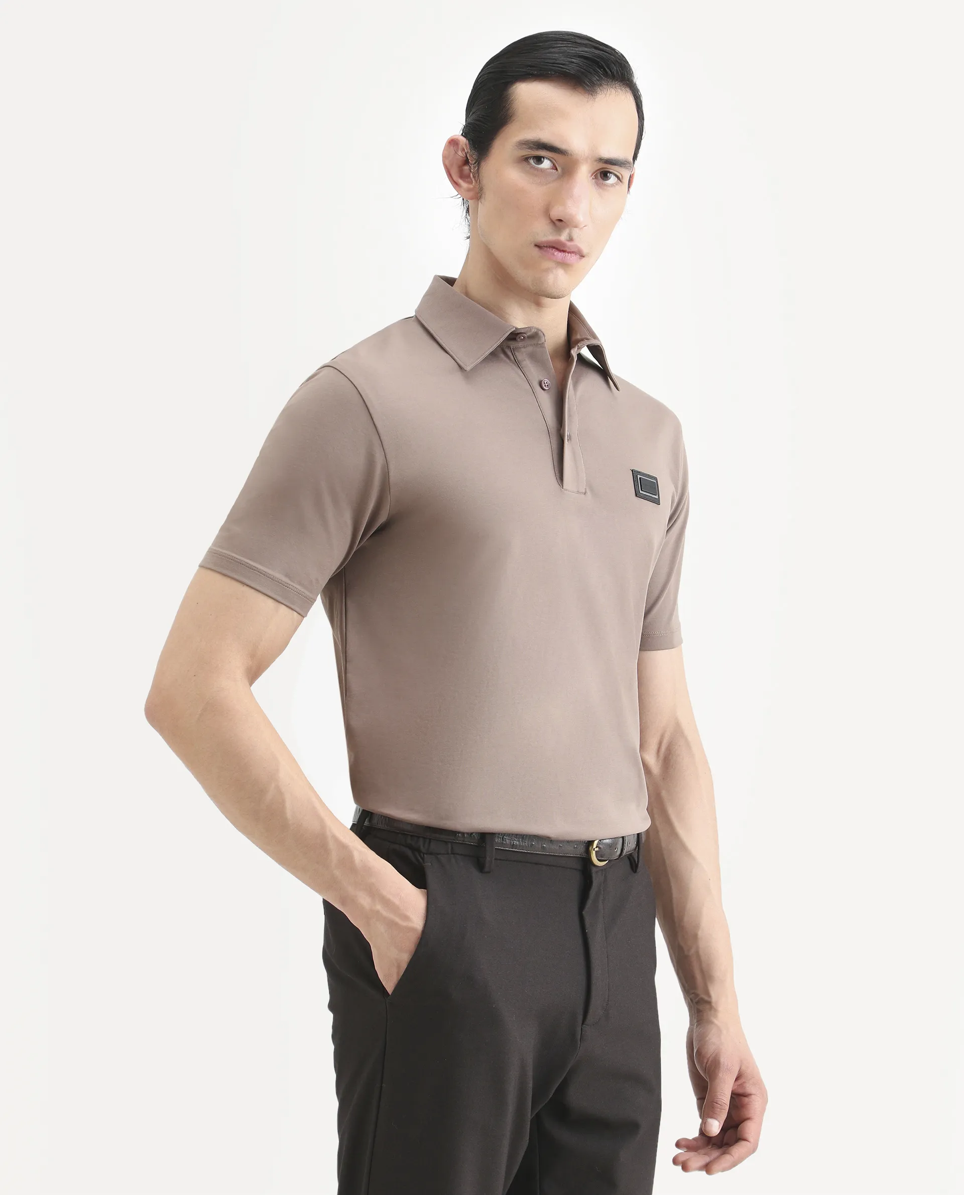 Rare Rabbit Men's Badger-A25 Dusky Brown Cotton Blend Plain Regular Fit Half Sleeve Plain Polo - Image 5