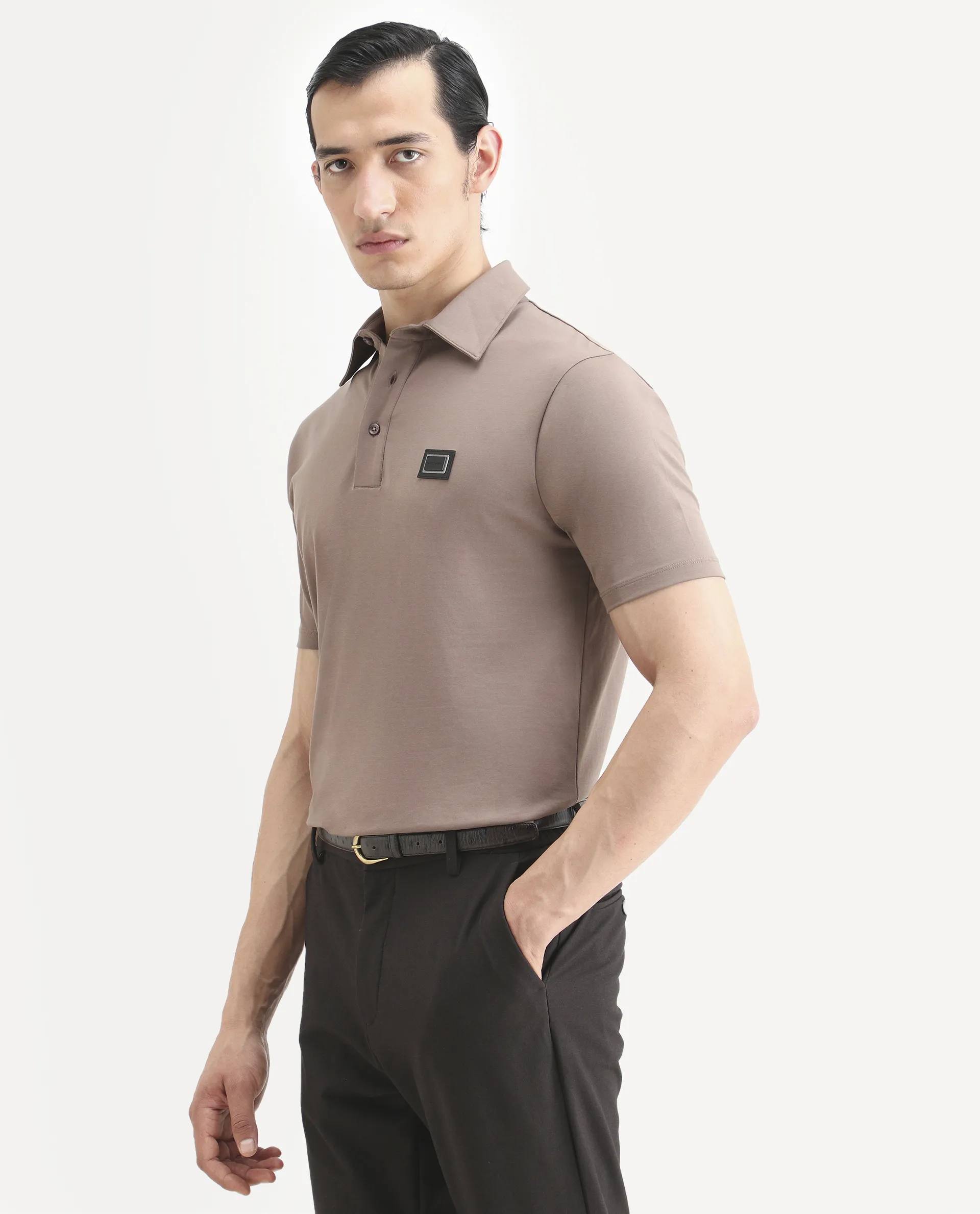 Rare Rabbit Men's Badger-A25 Dusky Brown Cotton Blend Plain Regular Fit Half Sleeve Plain Polo - Image 6