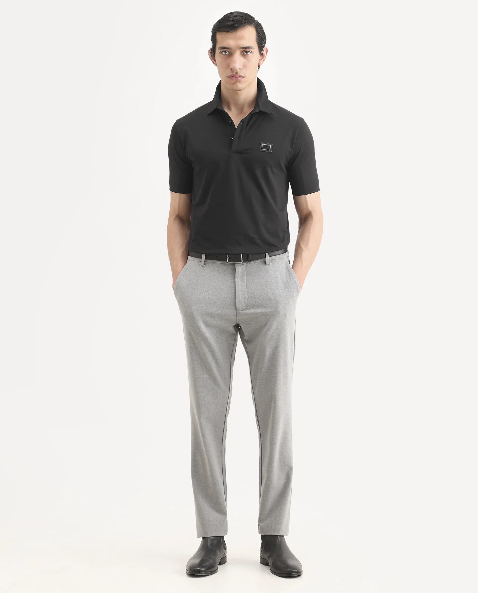 Rare Rabbit Men's Badger-S26 Black Cotton Blend Fabric Half Sleeve Spread Collar Regular Fit Plain Polo - Image 2
