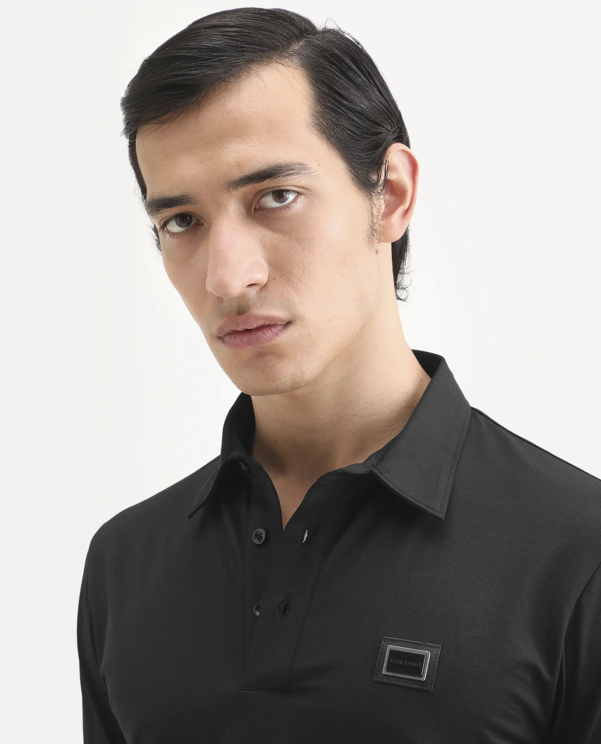 Rare Rabbit Men's Badger-S26 Black Cotton Blend Fabric Half Sleeve Spread Collar Regular Fit Plain Polo - Image 3
