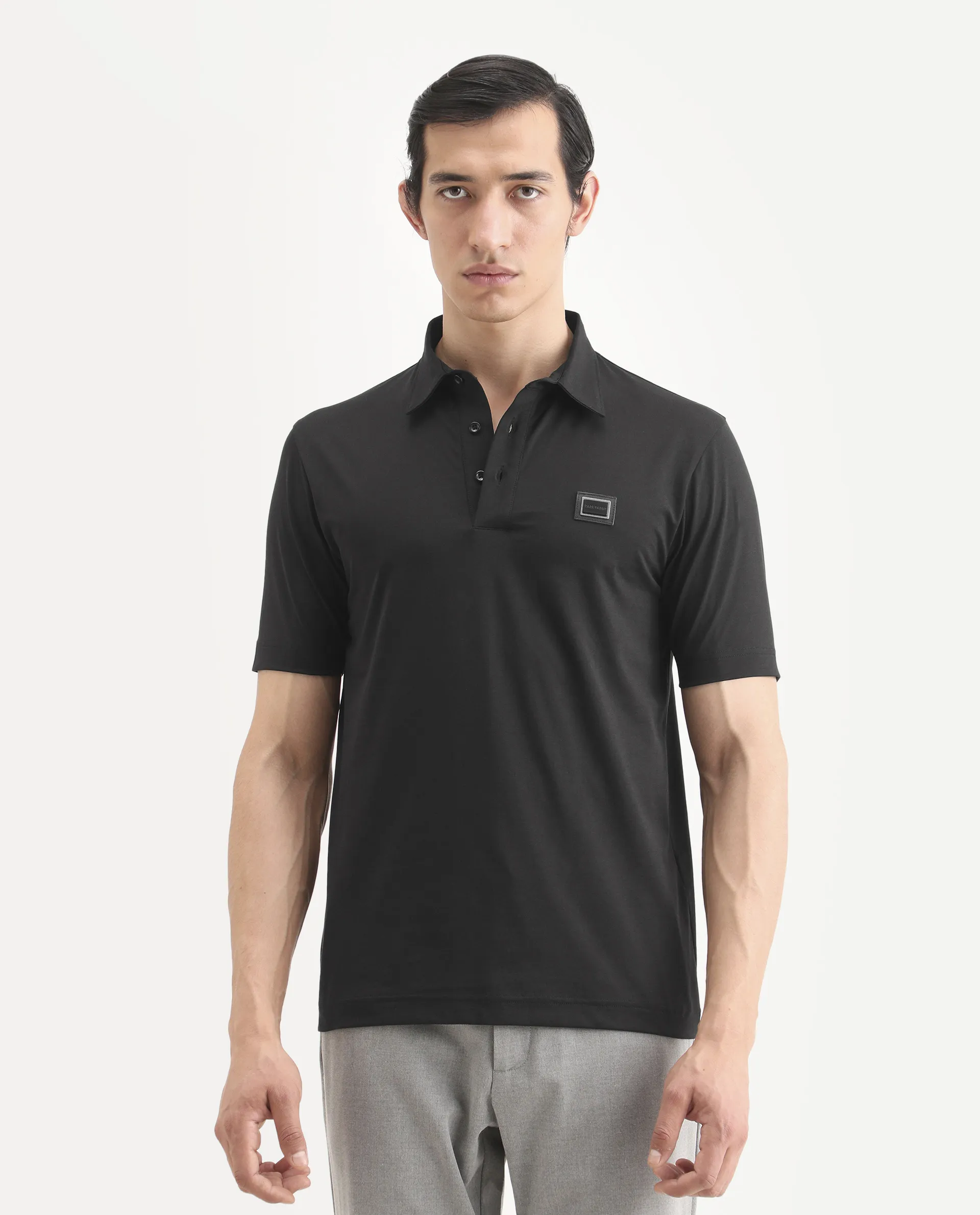Rare Rabbit Men's Badger-S26 Black Cotton Blend Fabric Half Sleeve Spread Collar Regular Fit Plain Polo - Image 4