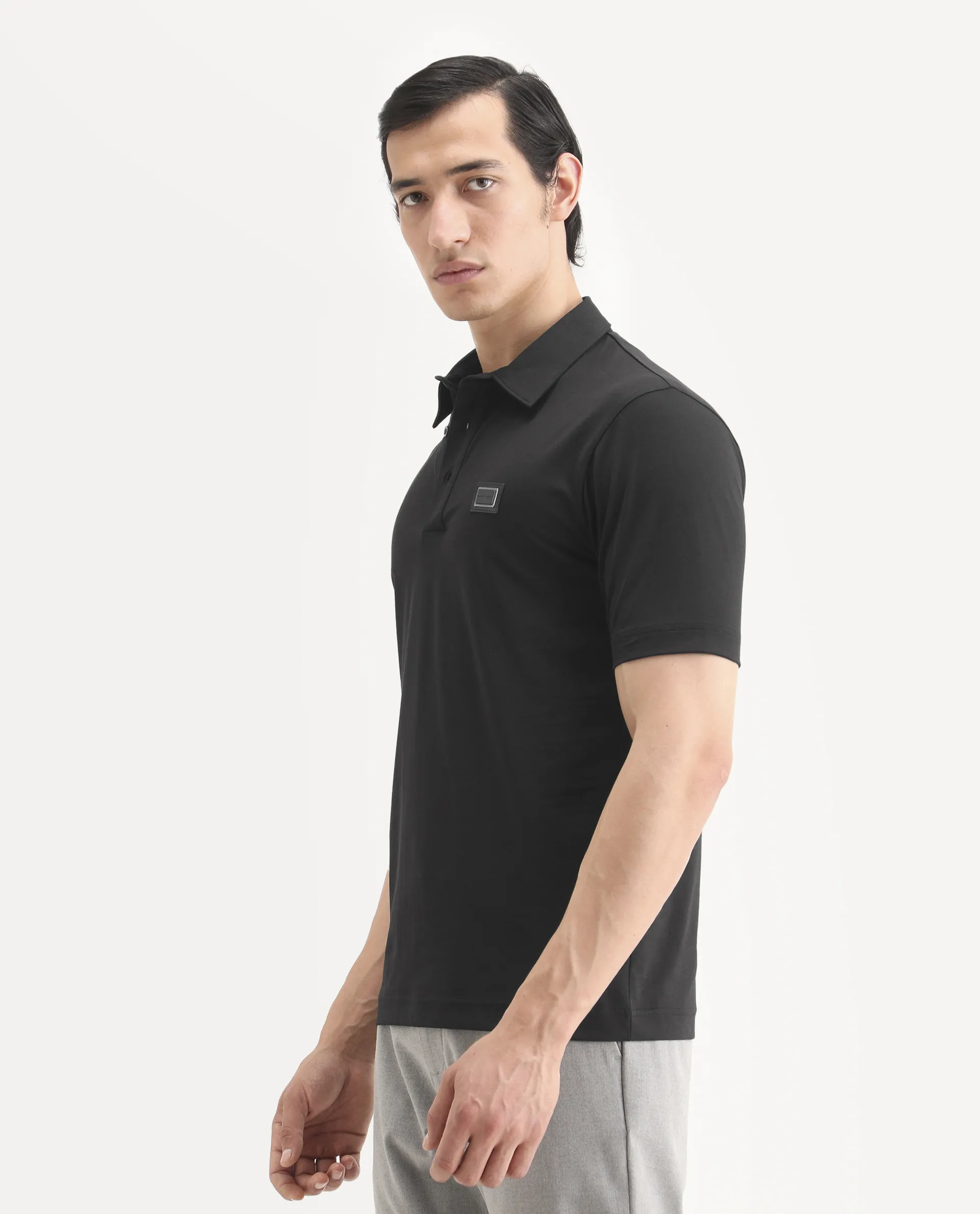 Rare Rabbit Men's Badger-S26 Black Cotton Blend Fabric Half Sleeve Spread Collar Regular Fit Plain Polo - Image 5
