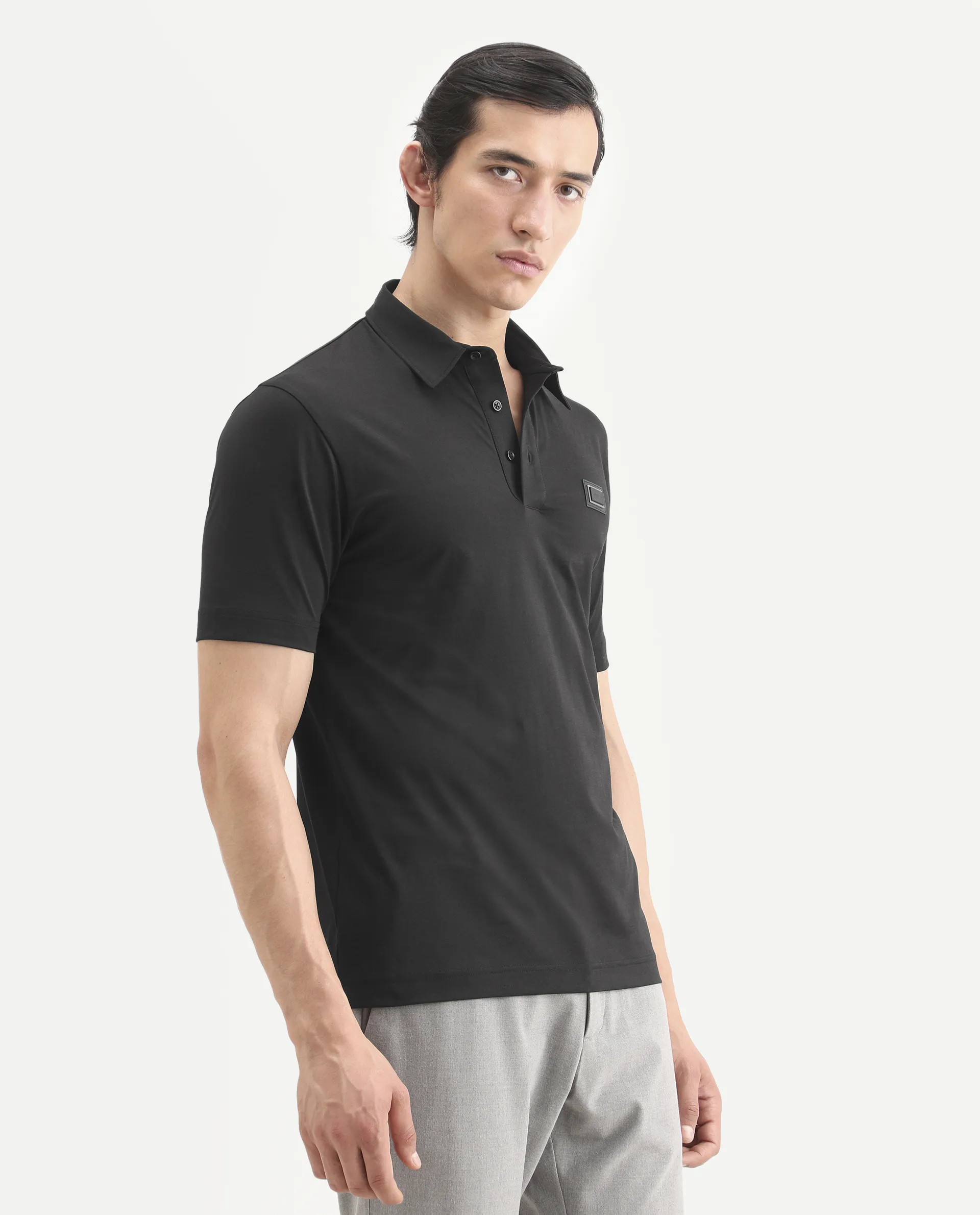 Rare Rabbit Men's Badger-S26 Black Cotton Blend Fabric Half Sleeve Spread Collar Regular Fit Plain Polo - Image 6