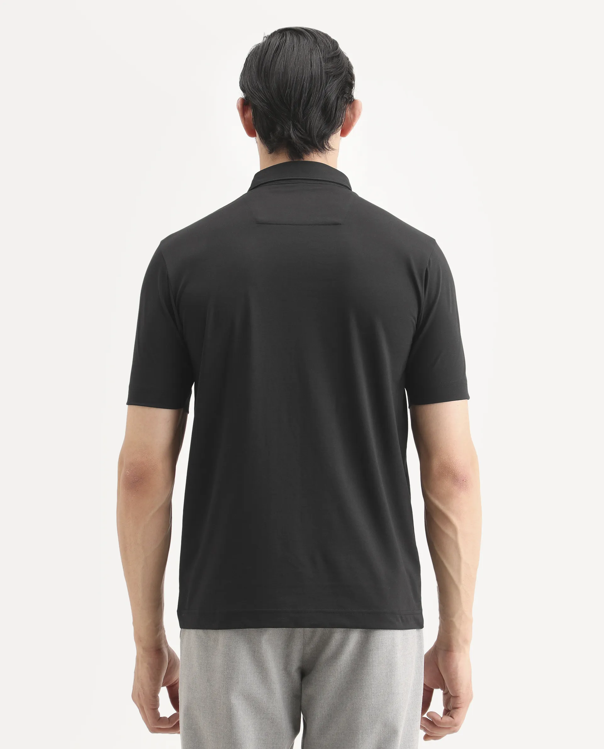 Rare Rabbit Men's Badger-S26 Black Cotton Blend Fabric Half Sleeve Spread Collar Regular Fit Plain Polo - Image 7