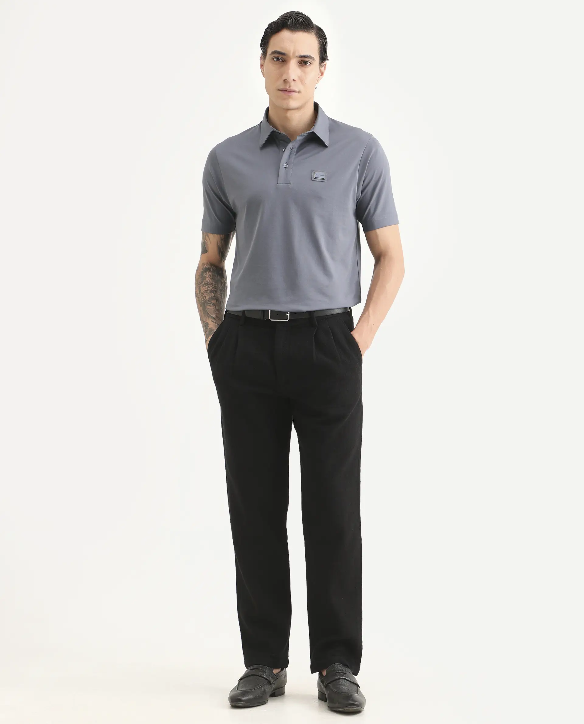 Rare Rabbit Men's Badger-S26 Dusky Blue Cotton Blend Fabric Half Sleeve Spread Collar Regular Fit Plain Polo - Image 2