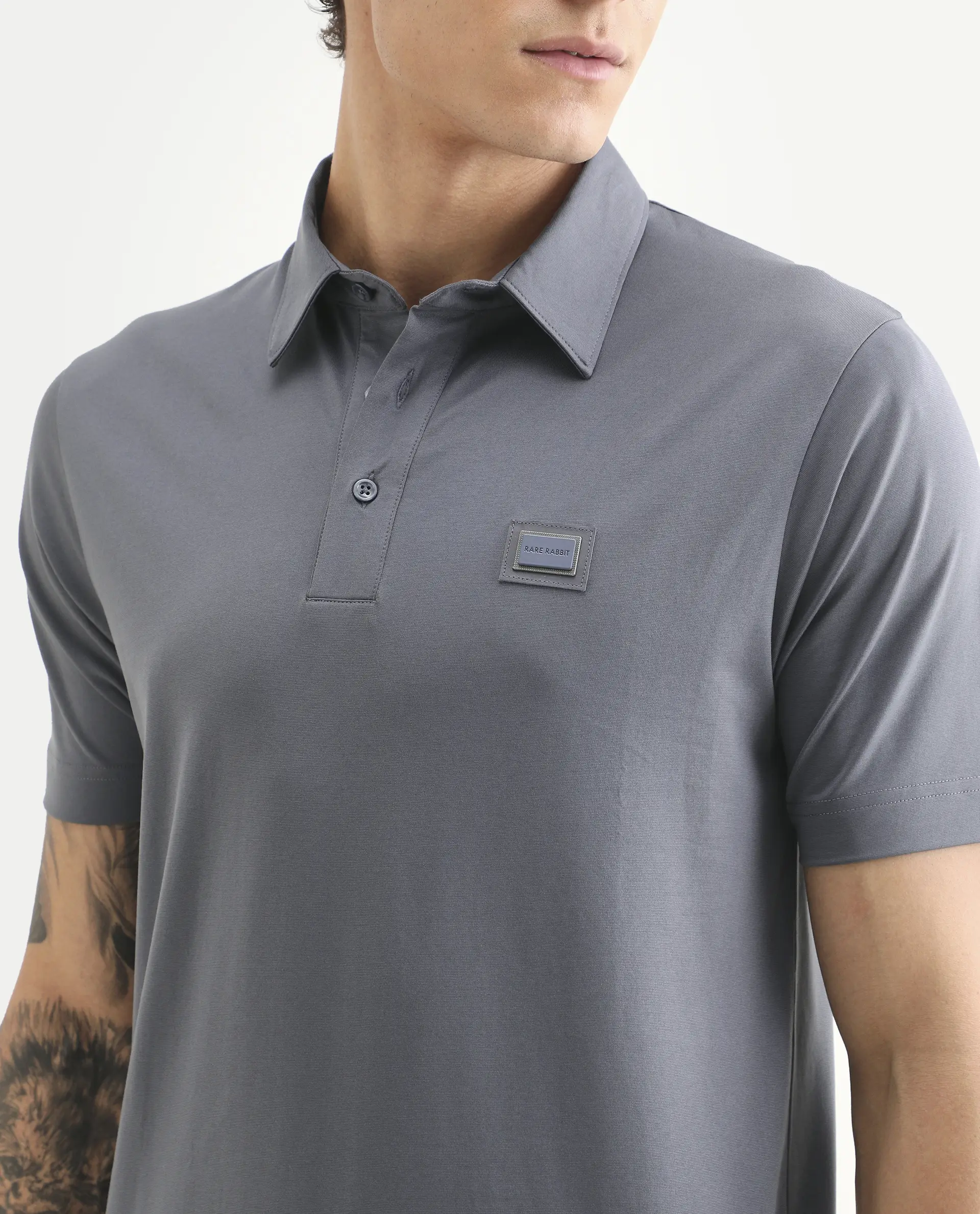 Rare Rabbit Men's Badger-S26 Dusky Blue Cotton Blend Fabric Half Sleeve Spread Collar Regular Fit Plain Polo - Image 3