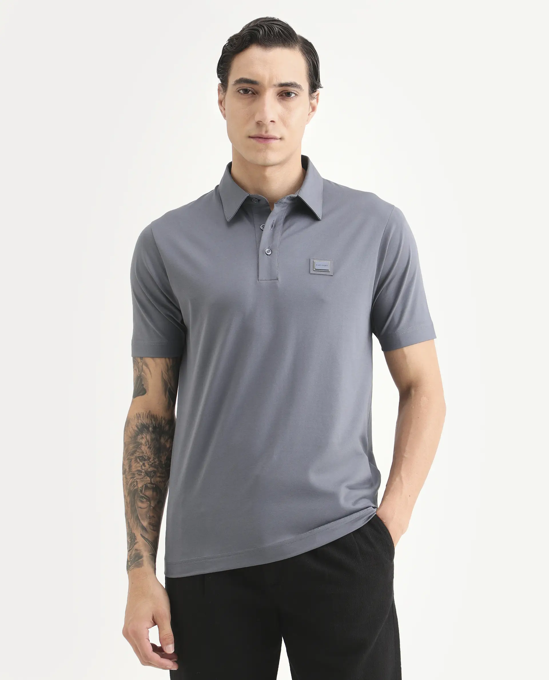 Rare Rabbit Men's Badger-S26 Dusky Blue Cotton Blend Fabric Half Sleeve Spread Collar Regular Fit Plain Polo - Image 4