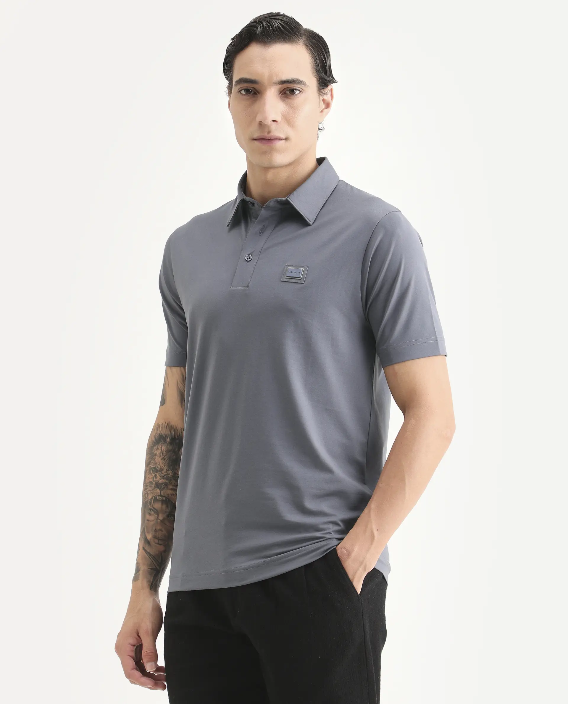 Rare Rabbit Men's Badger-S26 Dusky Blue Cotton Blend Fabric Half Sleeve Spread Collar Regular Fit Plain Polo - Image 5