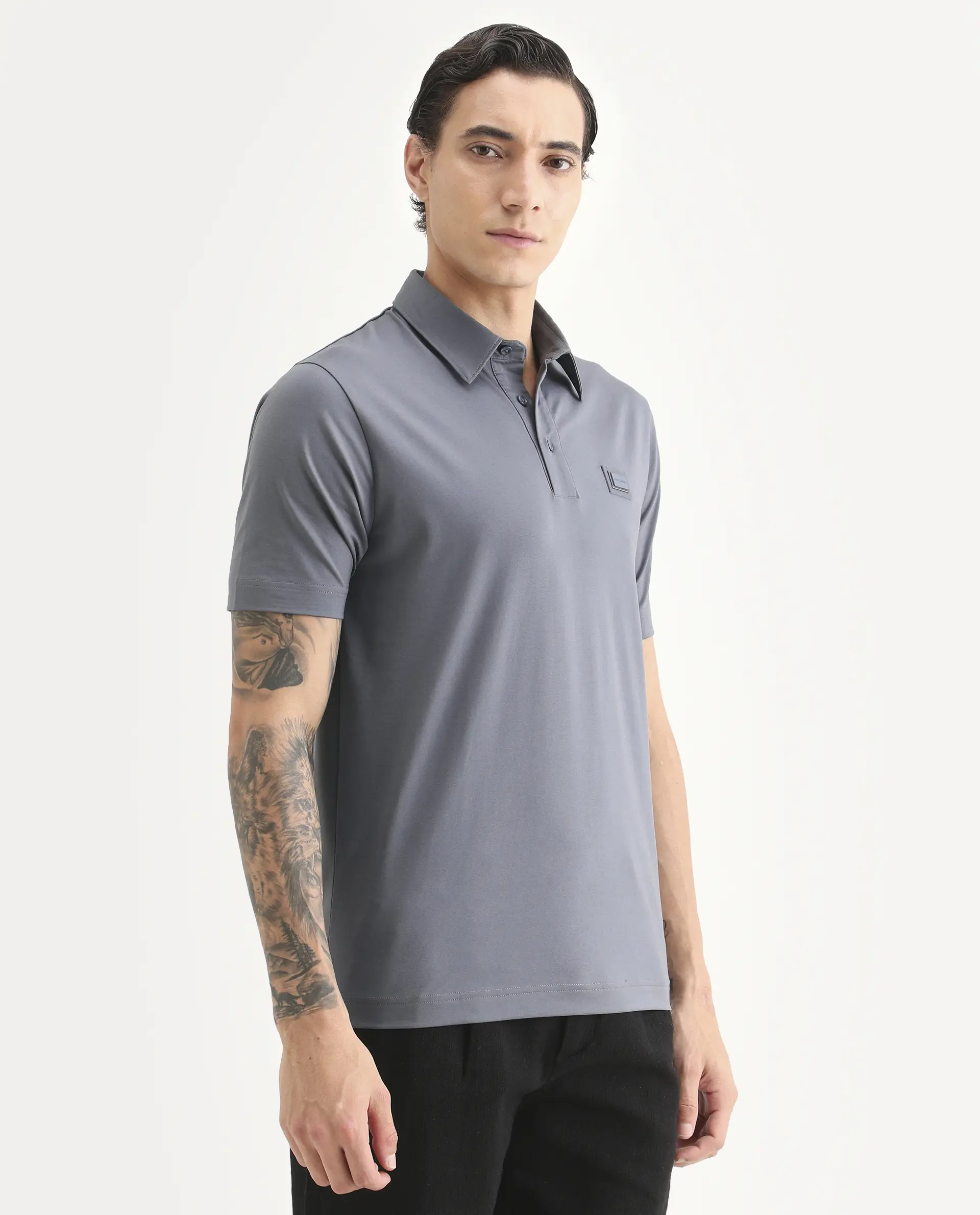 Rare Rabbit Men's Badger-S26 Dusky Blue Cotton Blend Fabric Half Sleeve Spread Collar Regular Fit Plain Polo - Image 6