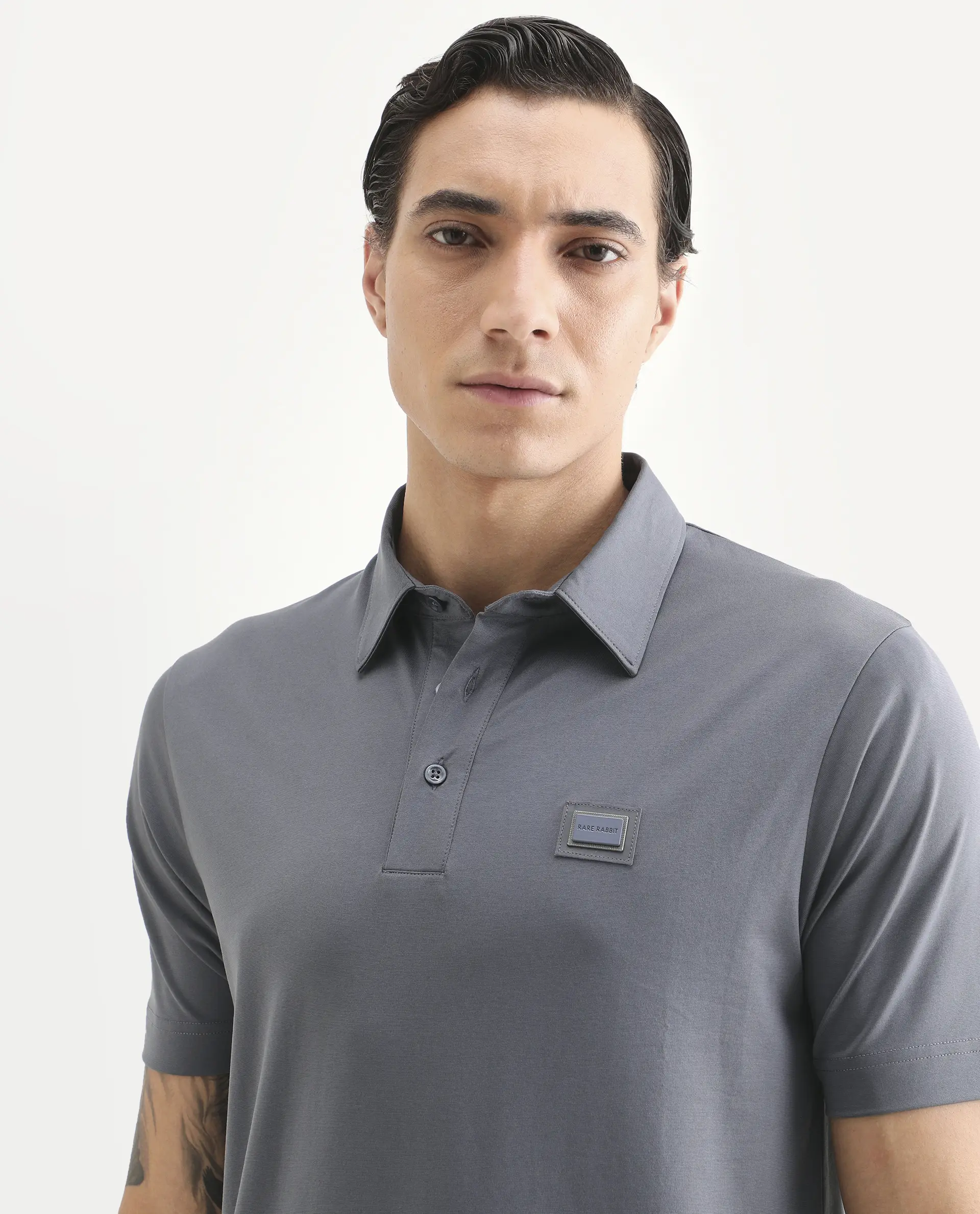 Rare Rabbit Men's Badger-S26 Dusky Blue Cotton Blend Fabric Half Sleeve Spread Collar Regular Fit Plain Polo - Image 7