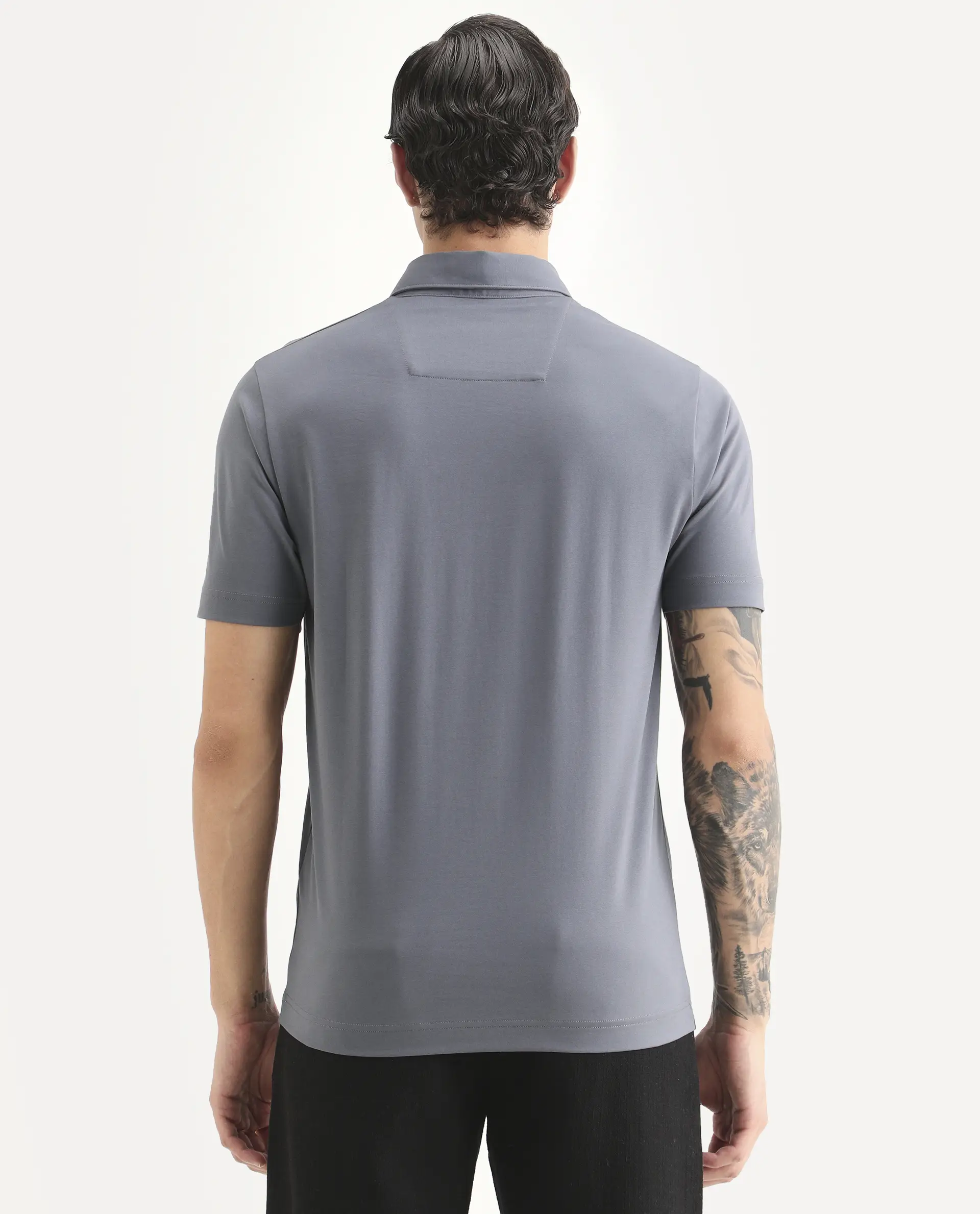 Rare Rabbit Men's Badger-S26 Dusky Blue Cotton Blend Fabric Half Sleeve Spread Collar Regular Fit Plain Polo - Image 8