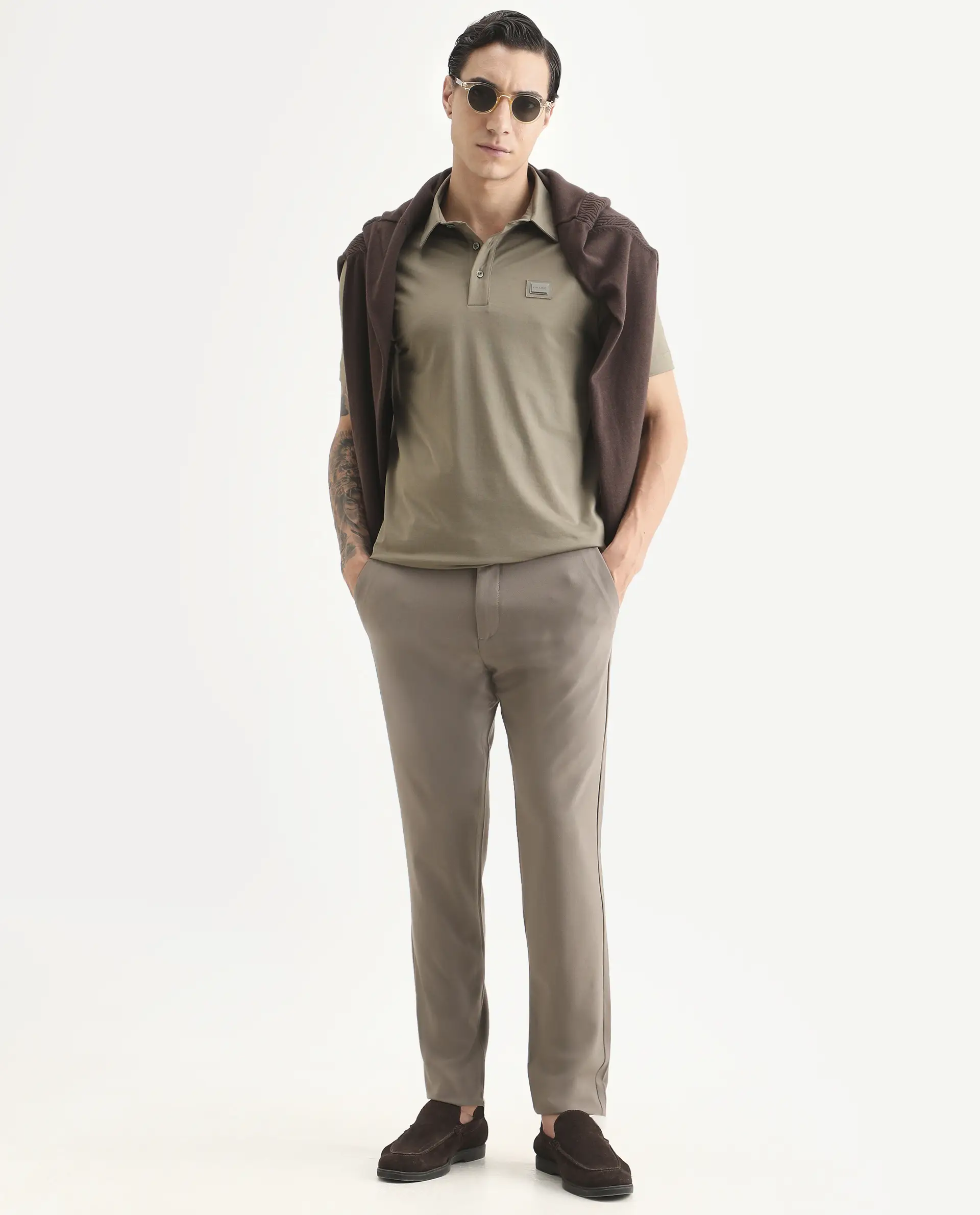 Rare Rabbit Men's Badger-S26 Dusky Olive Cotton Blend Fabric Half Sleeve Spread Collar Regular Fit Plain Polo - Image 2