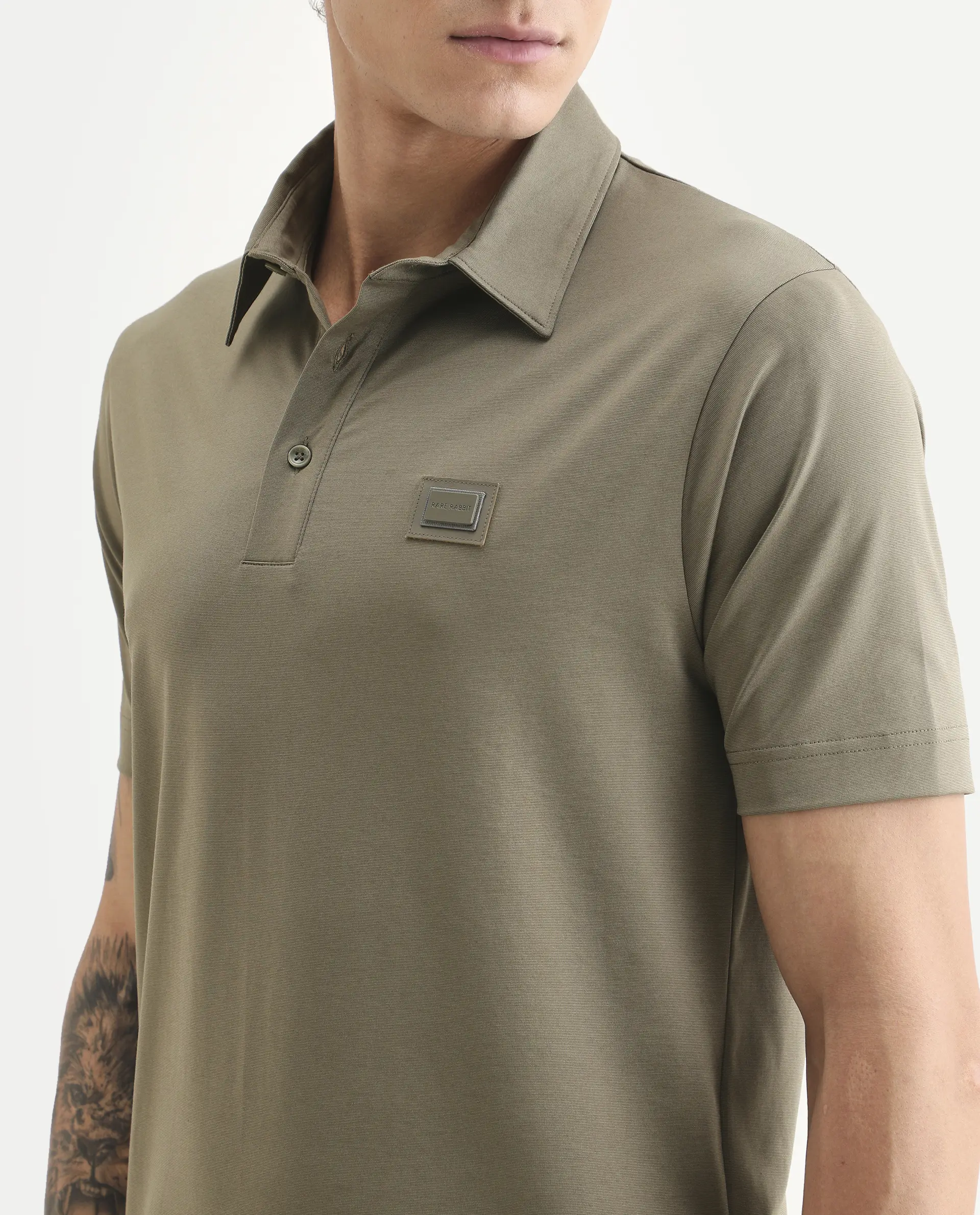 Rare Rabbit Men's Badger-S26 Dusky Olive Cotton Blend Fabric Half Sleeve Spread Collar Regular Fit Plain Polo - Image 3
