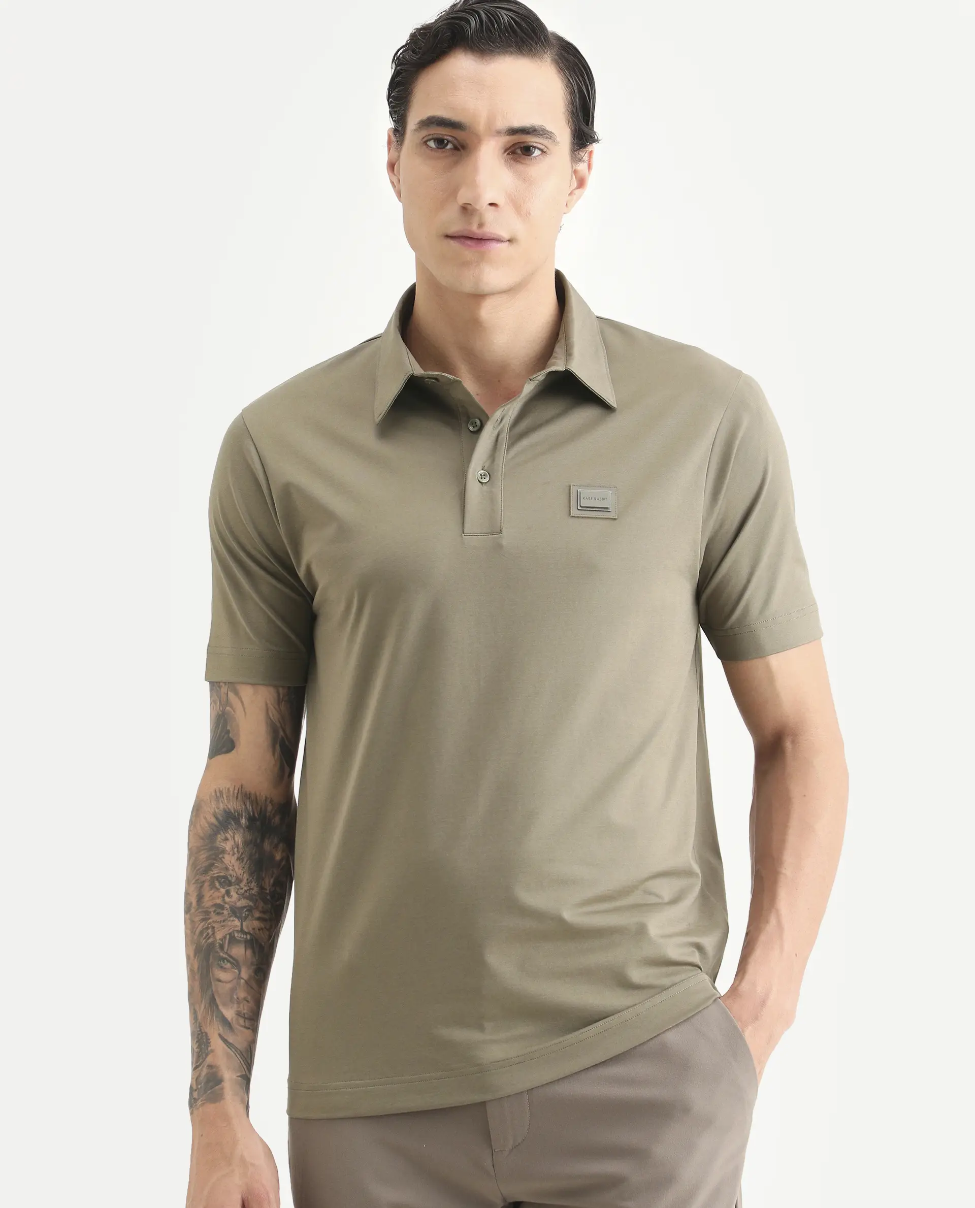Rare Rabbit Men's Badger-S26 Dusky Olive Cotton Blend Fabric Half Sleeve Spread Collar Regular Fit Plain Polo - Image 4