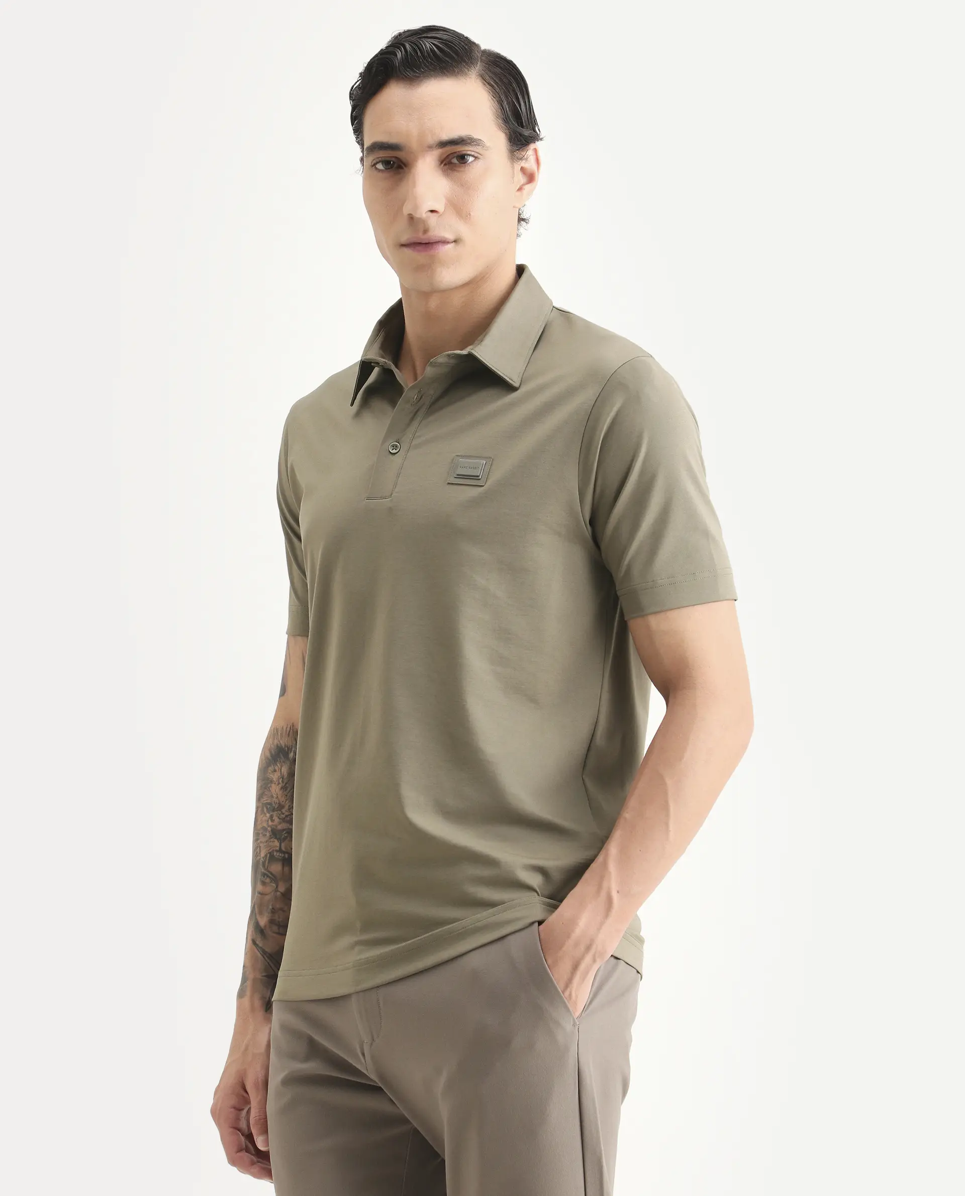 Rare Rabbit Men's Badger-S26 Dusky Olive Cotton Blend Fabric Half Sleeve Spread Collar Regular Fit Plain Polo - Image 5