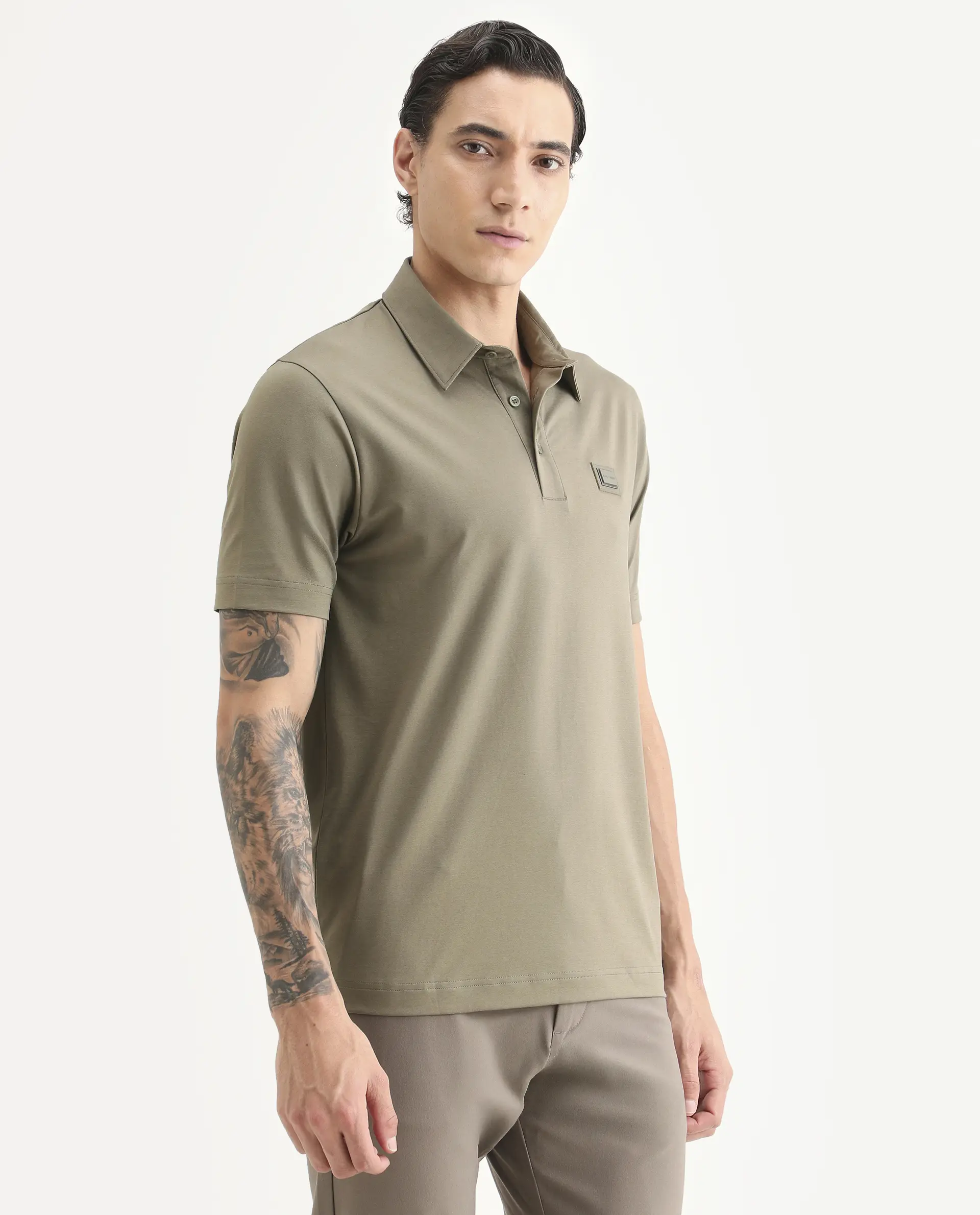 Rare Rabbit Men's Badger-S26 Dusky Olive Cotton Blend Fabric Half Sleeve Spread Collar Regular Fit Plain Polo - Image 6