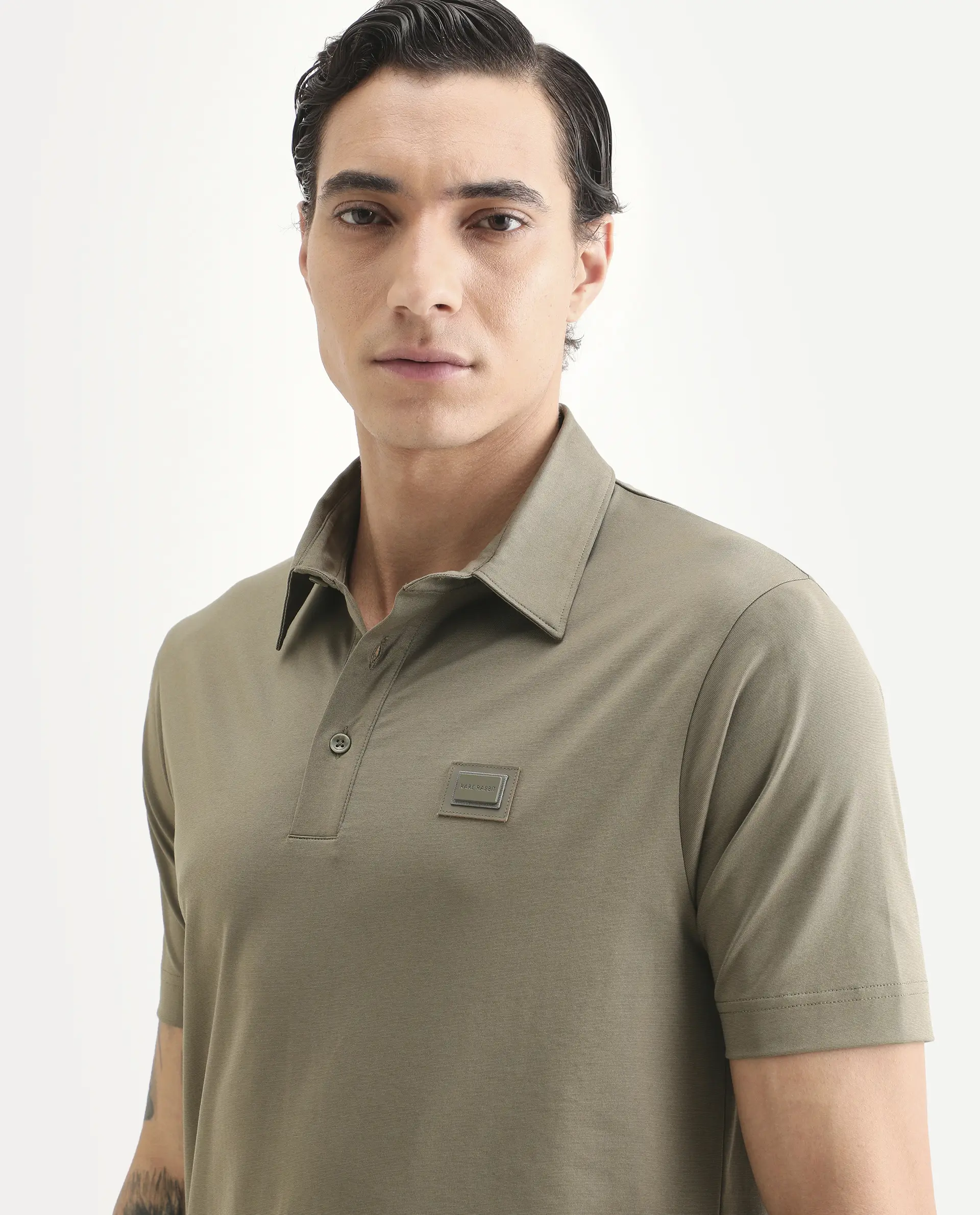 Rare Rabbit Men's Badger-S26 Dusky Olive Cotton Blend Fabric Half Sleeve Spread Collar Regular Fit Plain Polo - Image 7