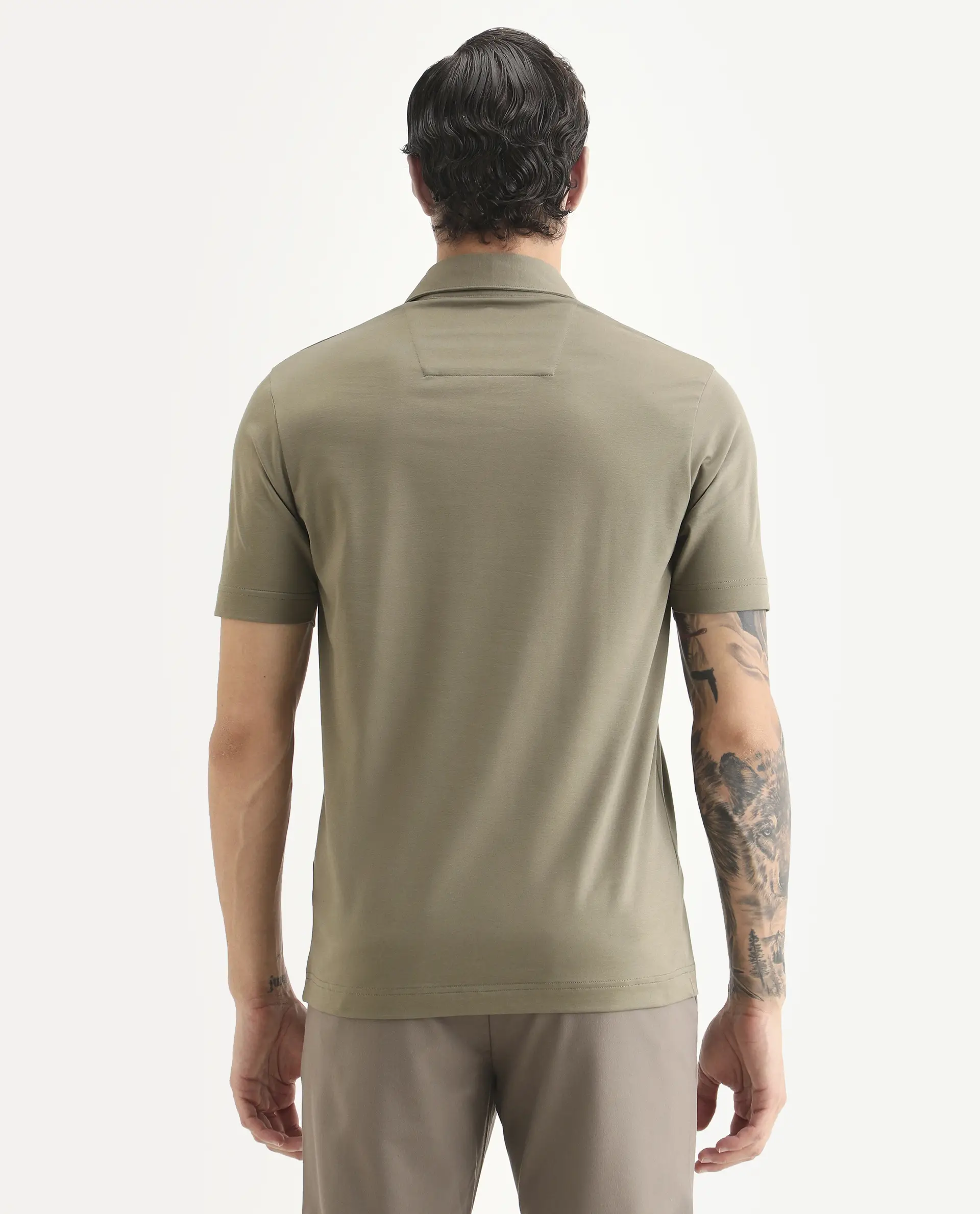 Rare Rabbit Men's Badger-S26 Dusky Olive Cotton Blend Fabric Half Sleeve Spread Collar Regular Fit Plain Polo - Image 8