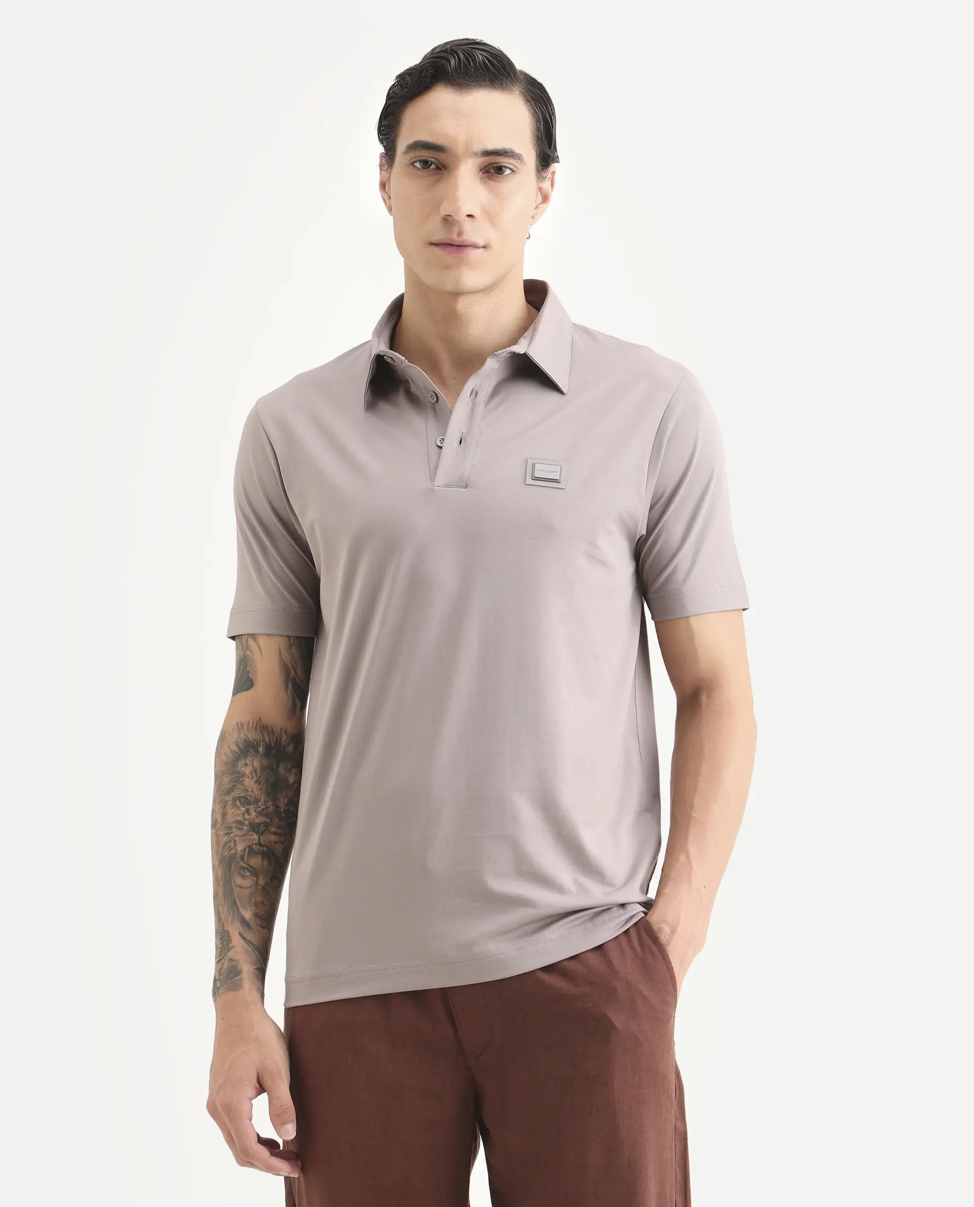Rare Rabbit Men's Badger-S26 Dusky Purple Cotton Blend Fabric Half Sleeve Spread Collar Regular Fit Plain Polo